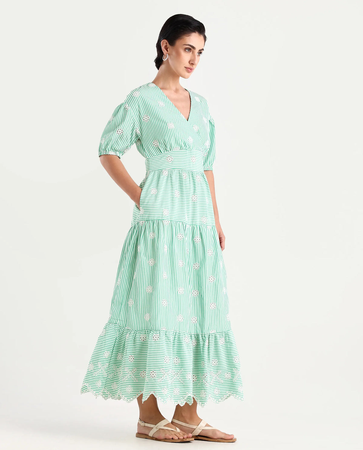 Rareism Women's Bhyrin Light Green Cotton V-Neck Striped Puff Sleeves Maxi Fit And Flare Dress