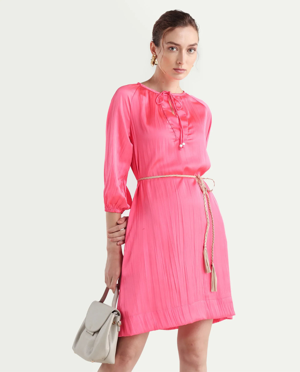 Rareism Women's Biere Flouroscent Pink Polyester Tie-Up Neck Plain Raglan Sleeve Mini Relaxed Fit Dress
