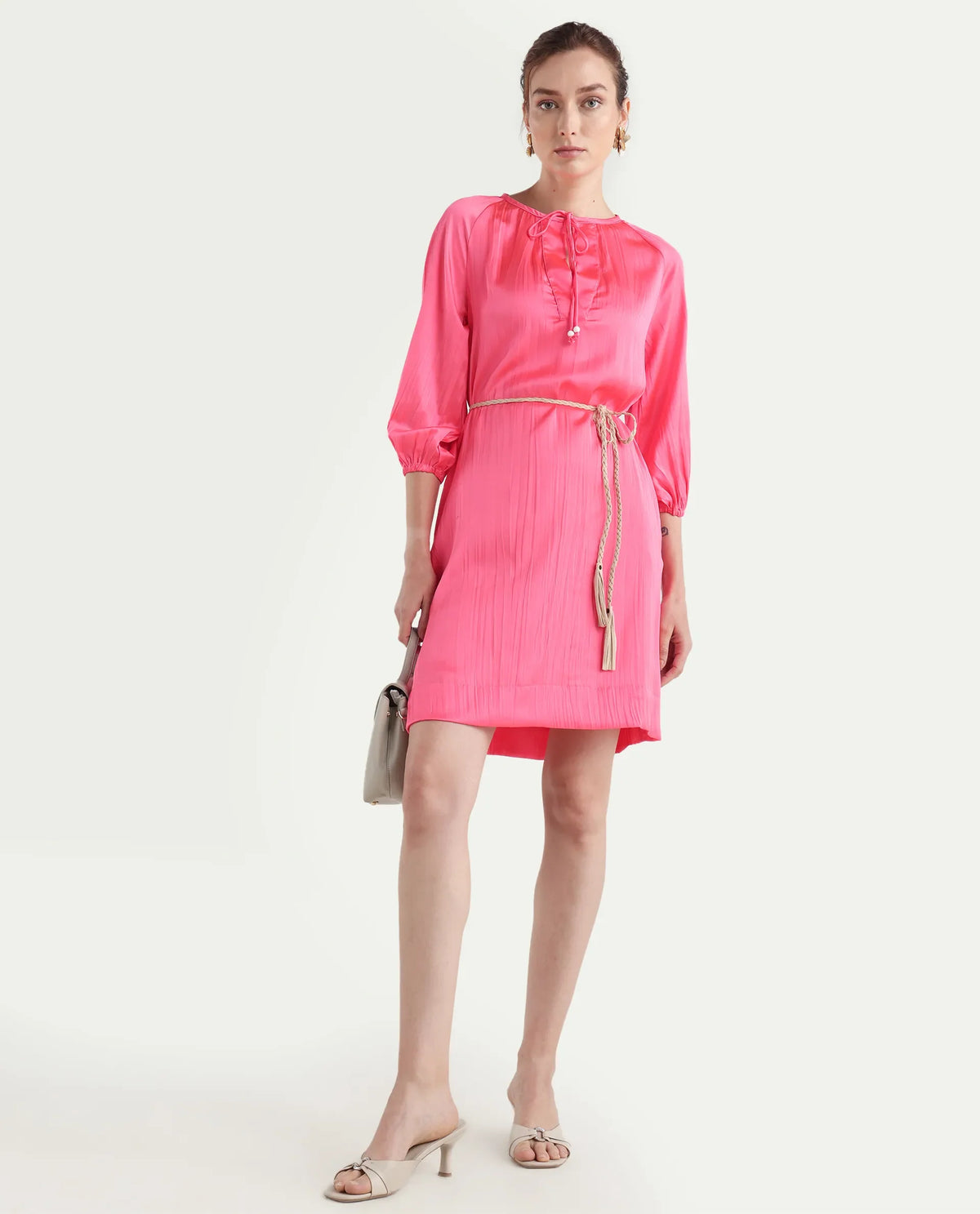 Rareism Women's Biere Flouroscent Pink Polyester Tie-Up Neck Plain Raglan Sleeve Mini Relaxed Fit Dress