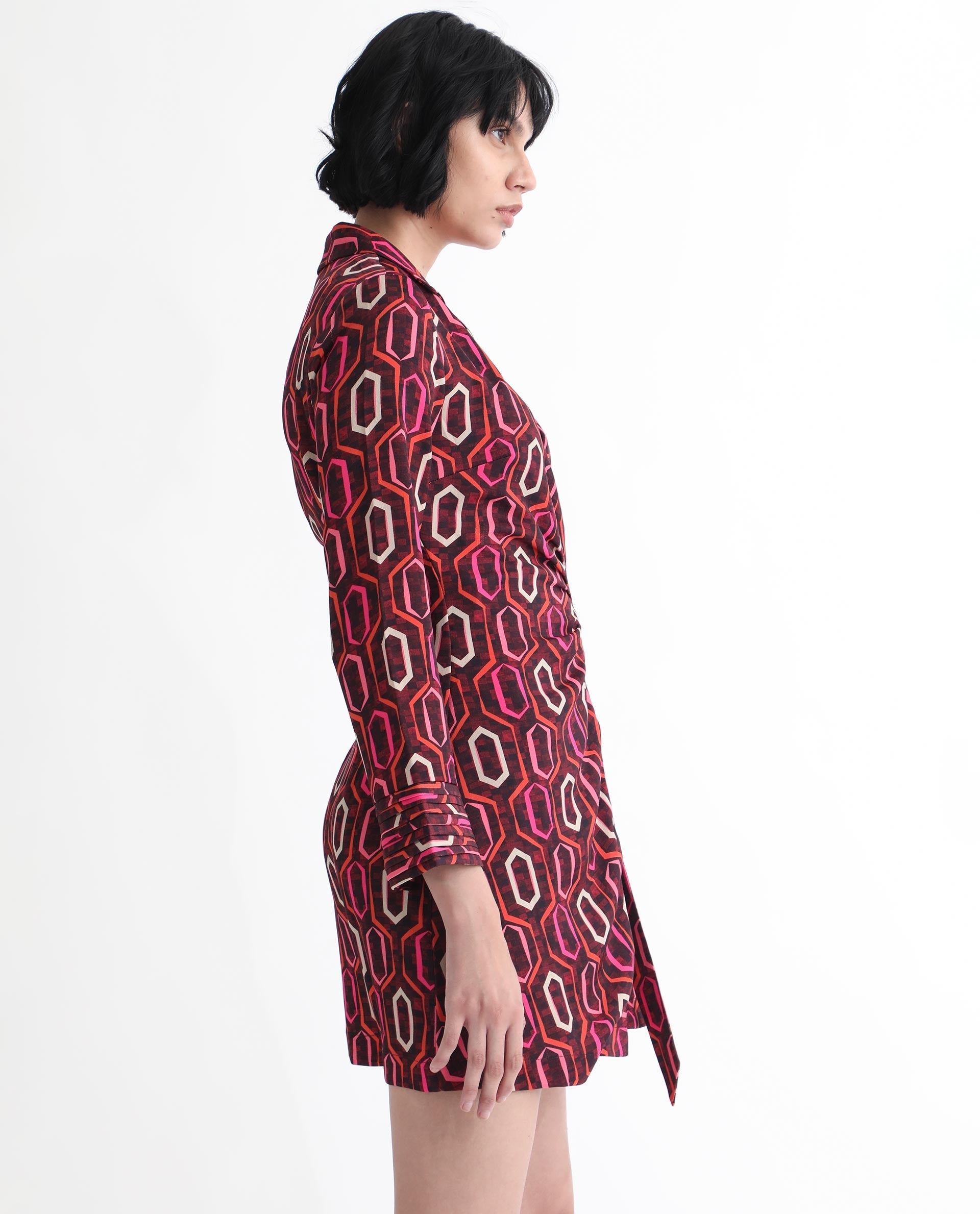 Rareism Women's Binden Dark Brown Polyester Lapel Neck Geometric Print Cuffed Sleeve Mini Relaxed Fit Dress