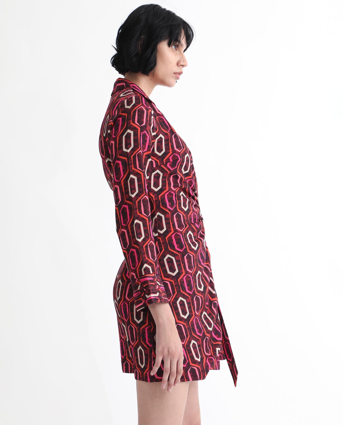 Rareism Women Binden Dark Brown Polyester Fabric 3/4Th Sleeves Tie-Up Closure Lapel Neck Cuffed Sleeve Relaxed Fit Geometric Print Short Wrap Dress