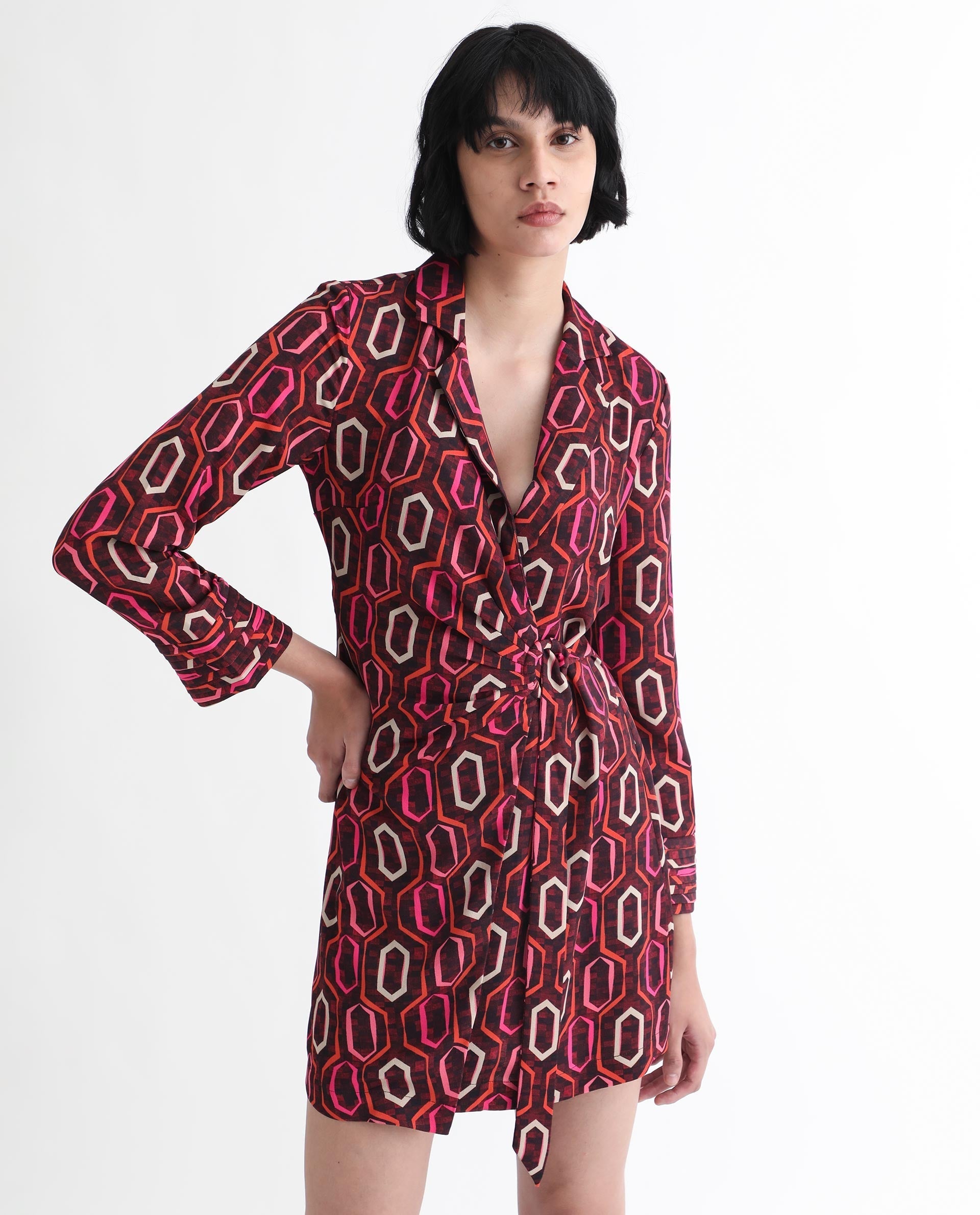 Rareism Women's Binden Dark Brown Polyester Lapel Neck Geometric Print Cuffed Sleeve Mini Relaxed Fit Dress