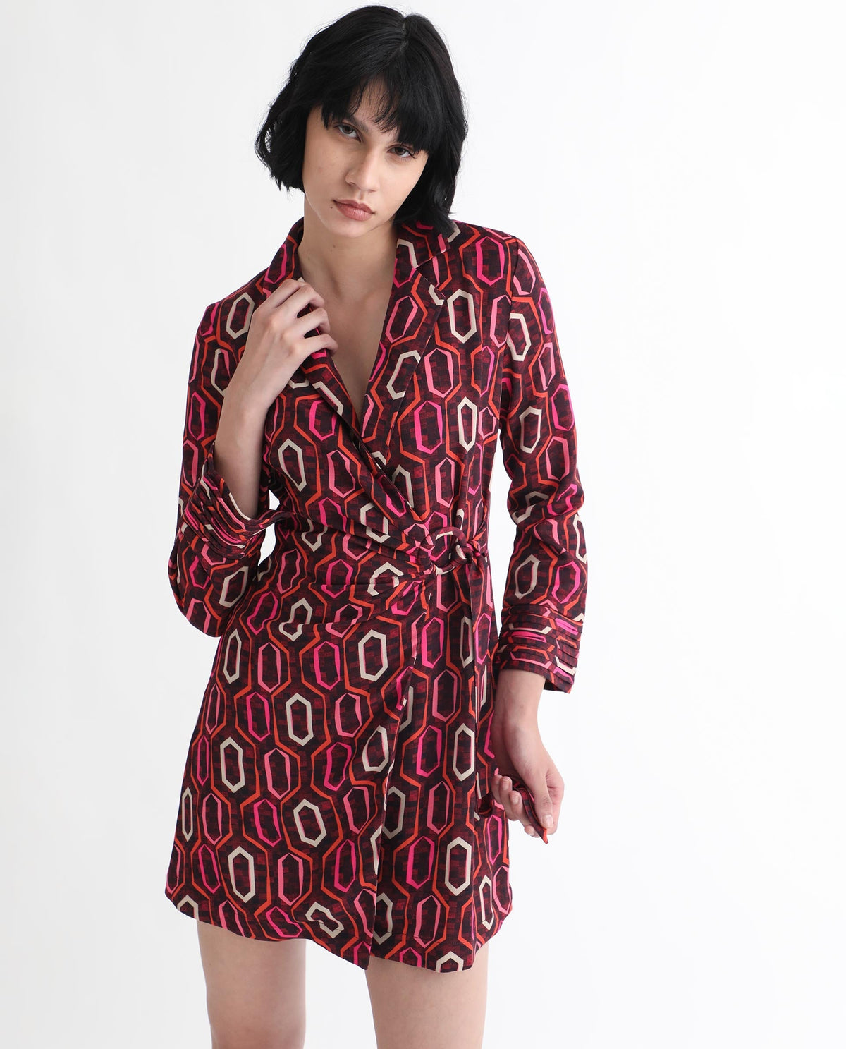 Rareism Women Binden Dark Brown Polyester Fabric 3/4Th Sleeves Tie-Up Closure Lapel Neck Cuffed Sleeve Relaxed Fit Geometric Print Short Wrap Dress