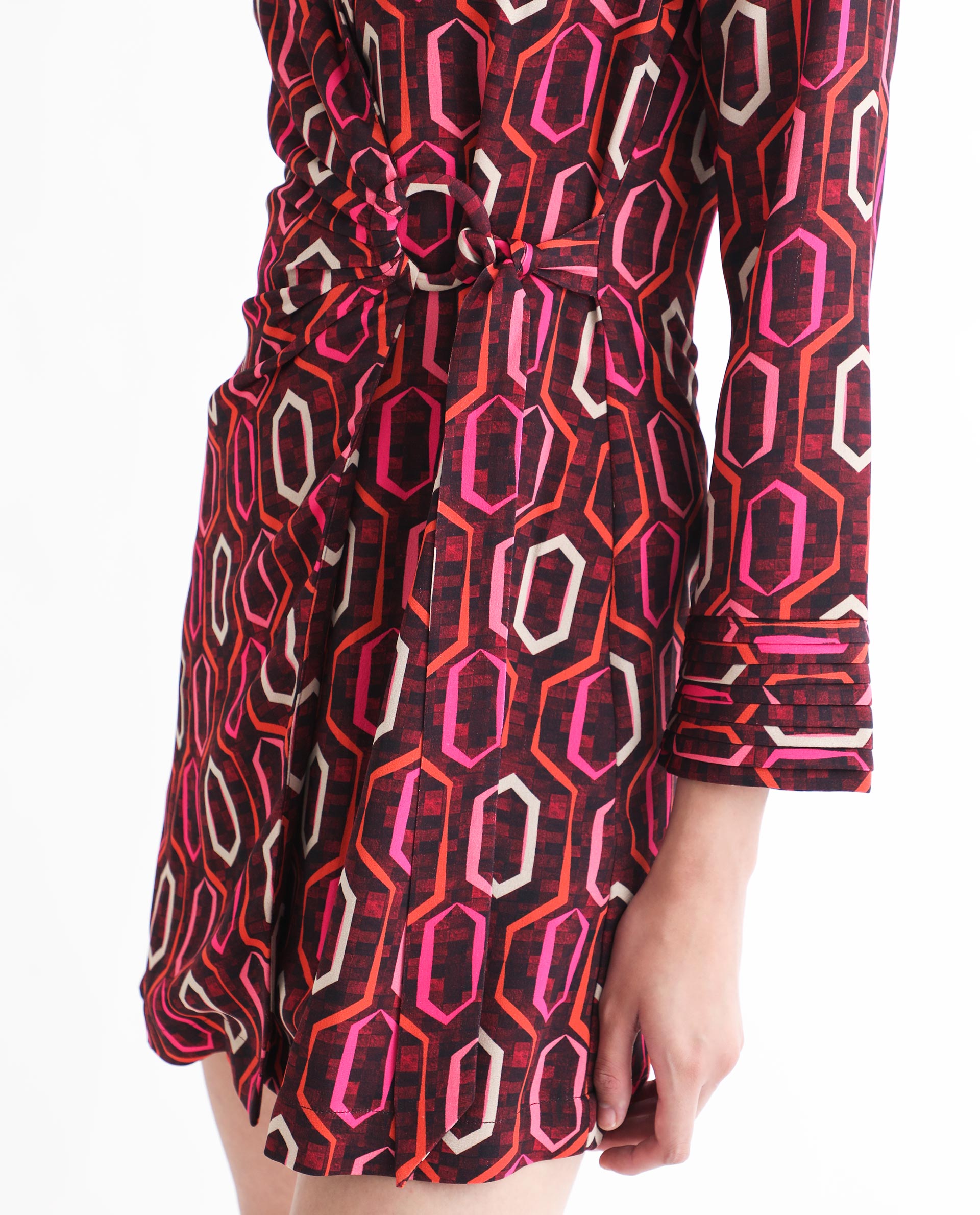 Rareism Women's Binden Dark Brown Polyester Lapel Neck Geometric Print Cuffed Sleeve Mini Relaxed Fit Dress