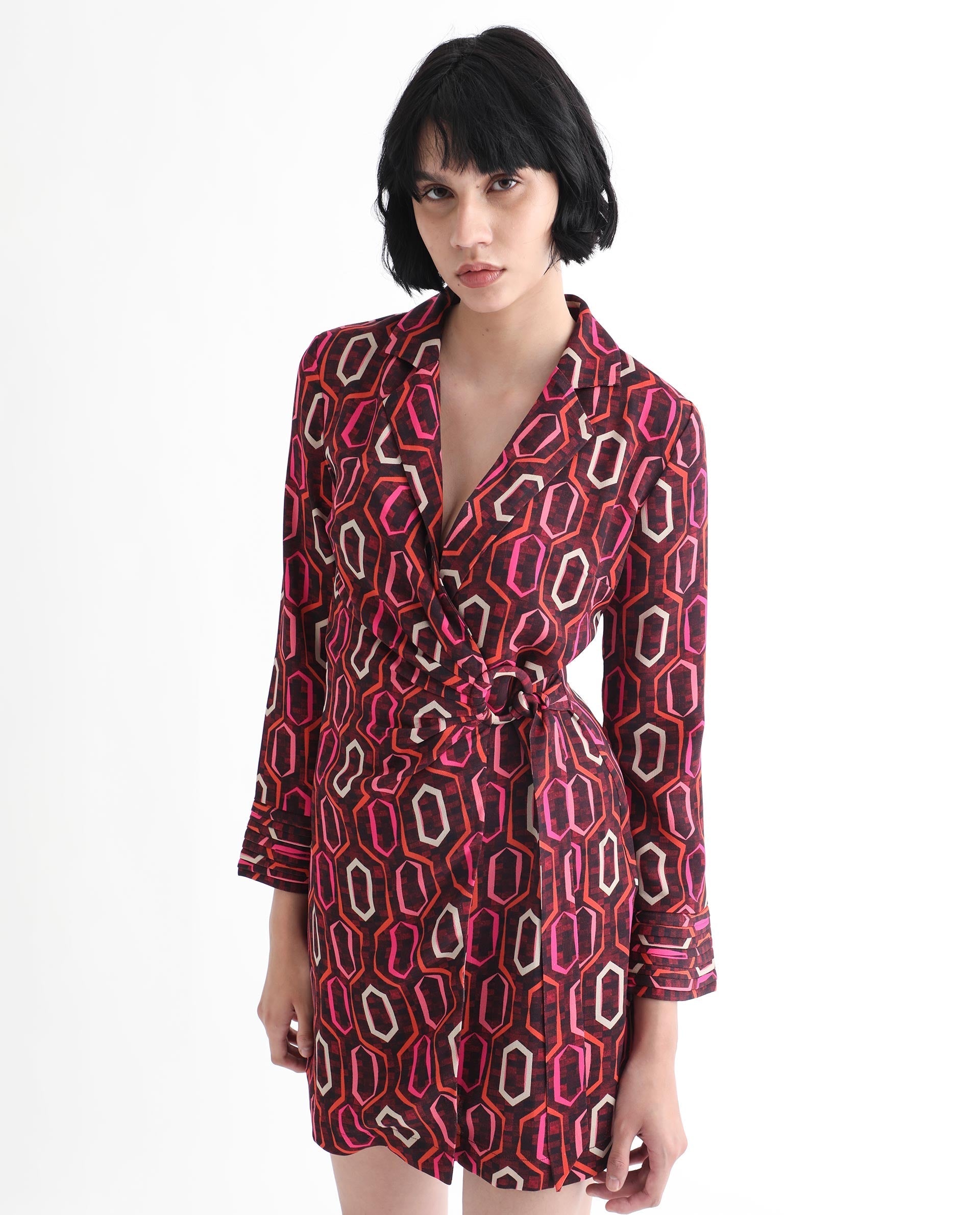 Rareism Women's Binden Dark Brown Polyester Lapel Neck Geometric Print Cuffed Sleeve Mini Relaxed Fit Dress