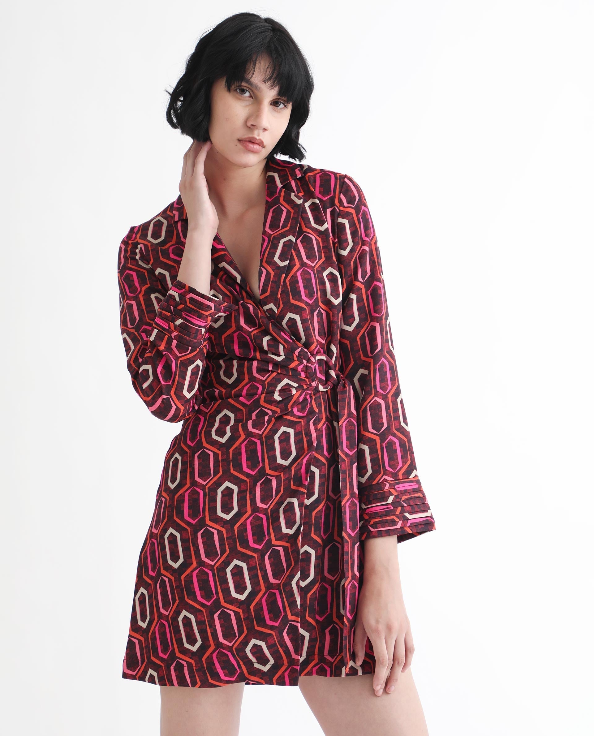 Rareism Women's Binden Dark Brown Polyester Lapel Neck Geometric Print Cuffed Sleeve Mini Relaxed Fit Dress