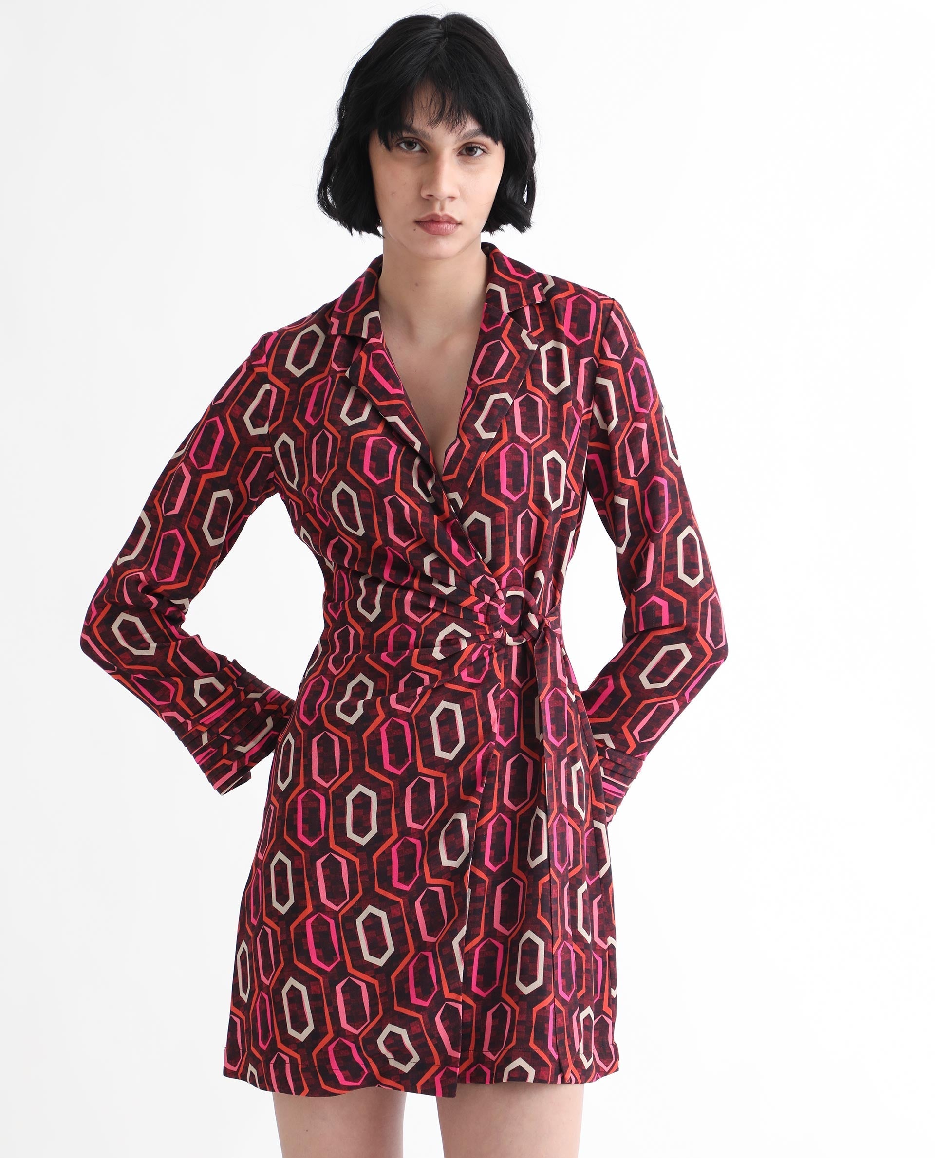 Rareism Women's Binden Dark Brown Polyester Lapel Neck Geometric Print Cuffed Sleeve Mini Relaxed Fit Dress