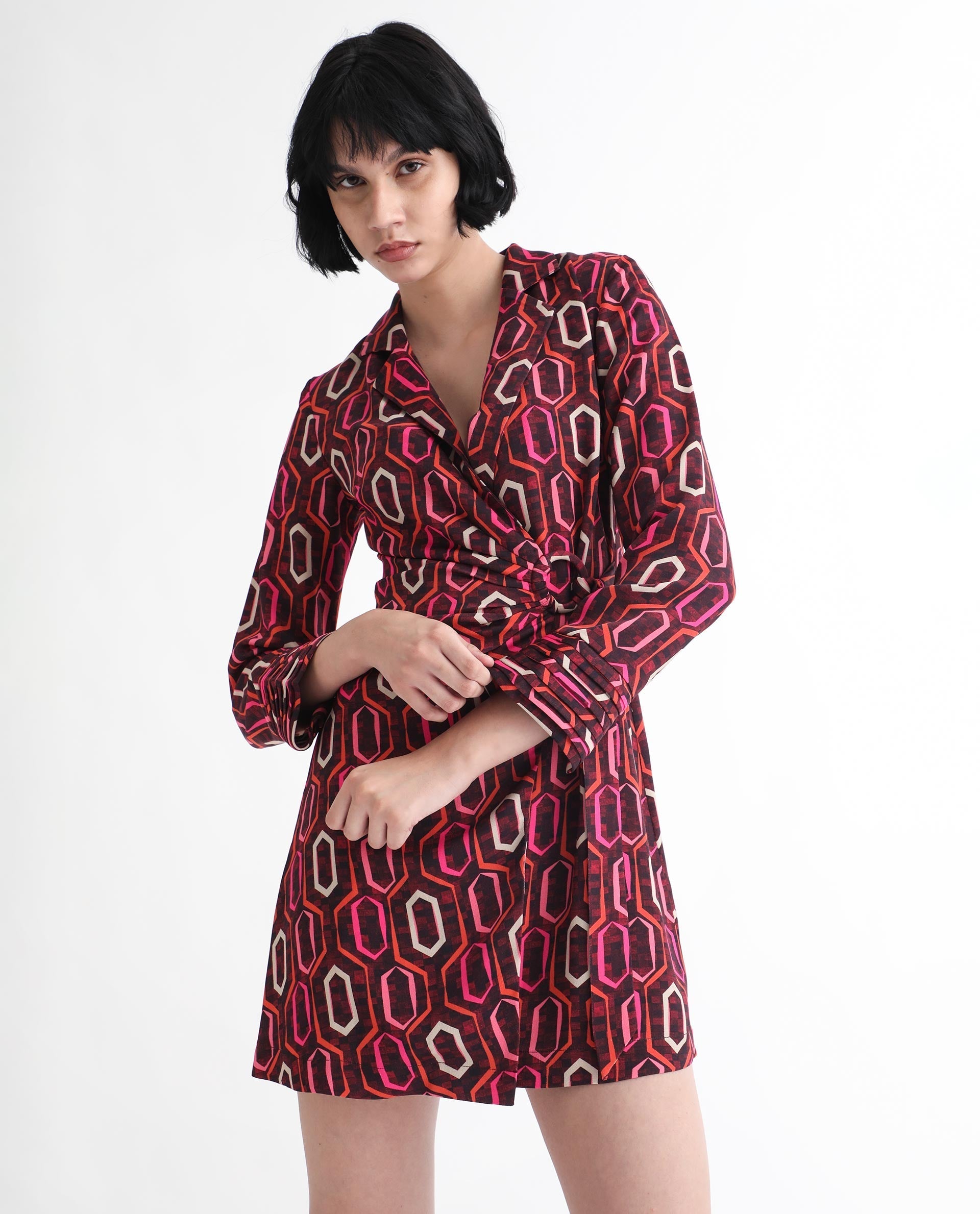 Rareism Women's Binden Dark Brown Polyester Lapel Neck Geometric Print Cuffed Sleeve Mini Relaxed Fit Dress