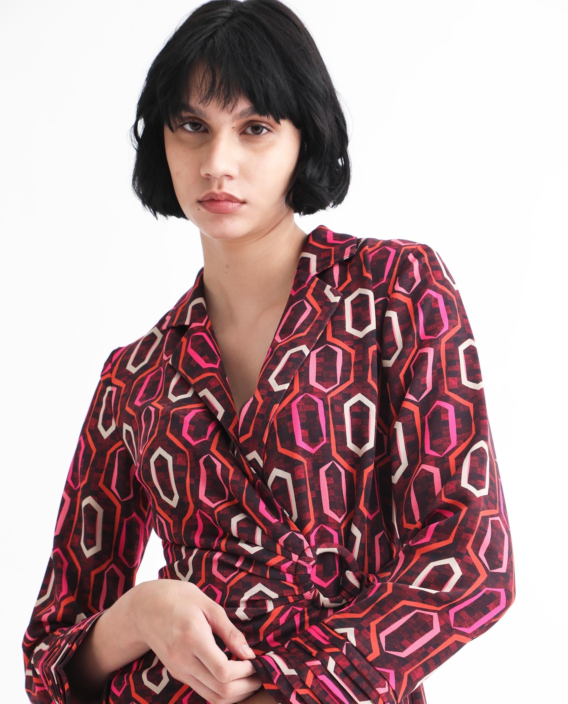 Rareism Women's Binden Dark Brown Polyester Lapel Neck Geometric Print Cuffed Sleeve Mini Relaxed Fit Dress