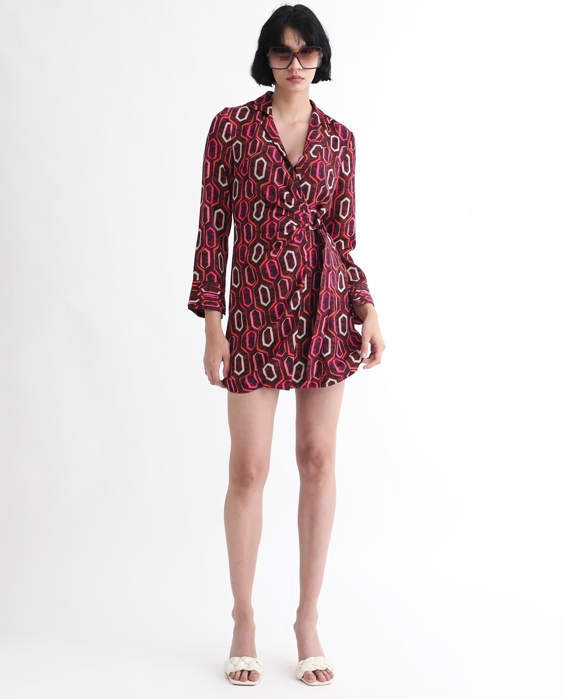 Rareism Women's Binden Dark Brown Polyester Lapel Neck Geometric Print Cuffed Sleeve Mini Relaxed Fit Dress