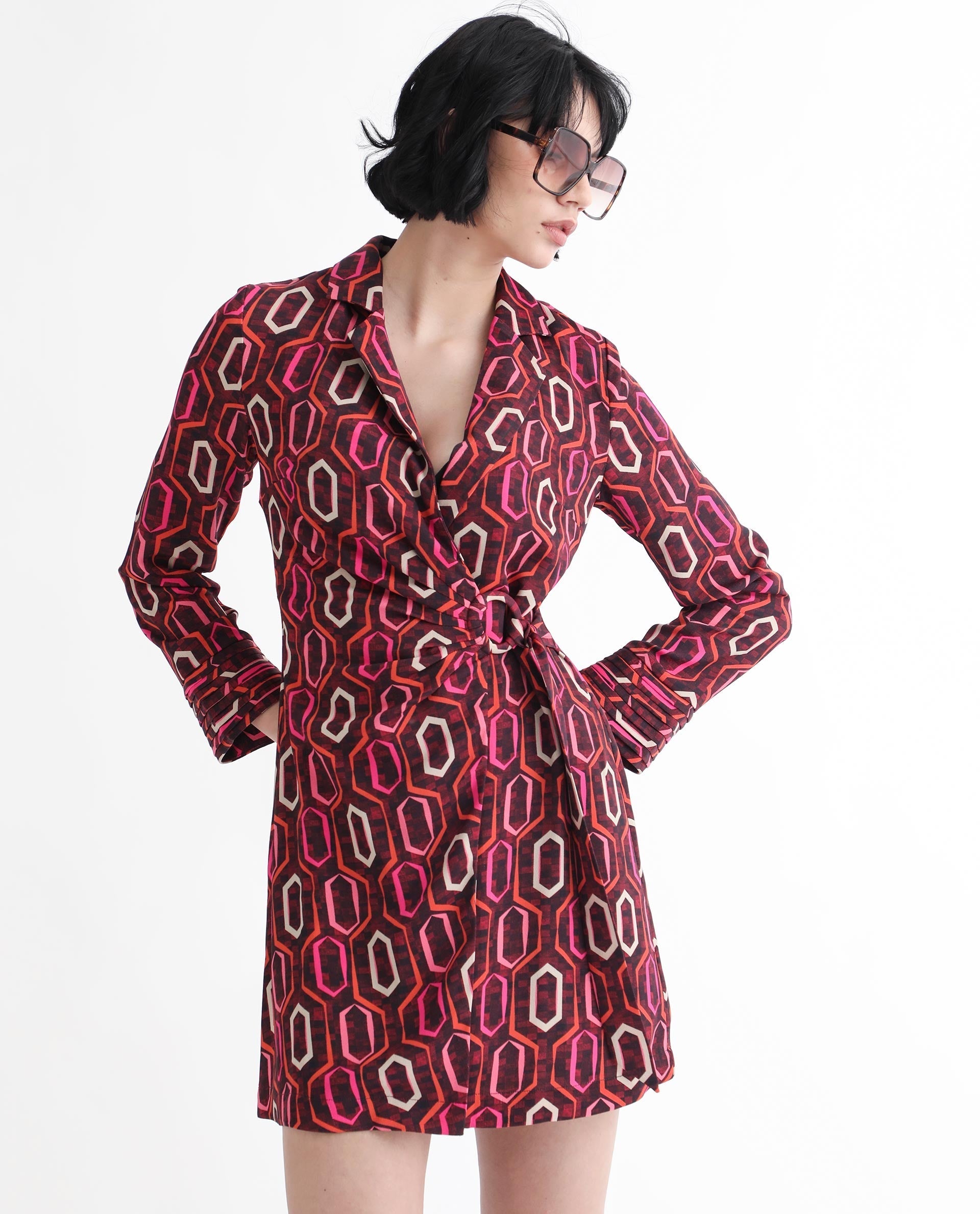 Rareism Women's Binden Dark Brown Polyester Lapel Neck Geometric Print Cuffed Sleeve Mini Relaxed Fit Dress