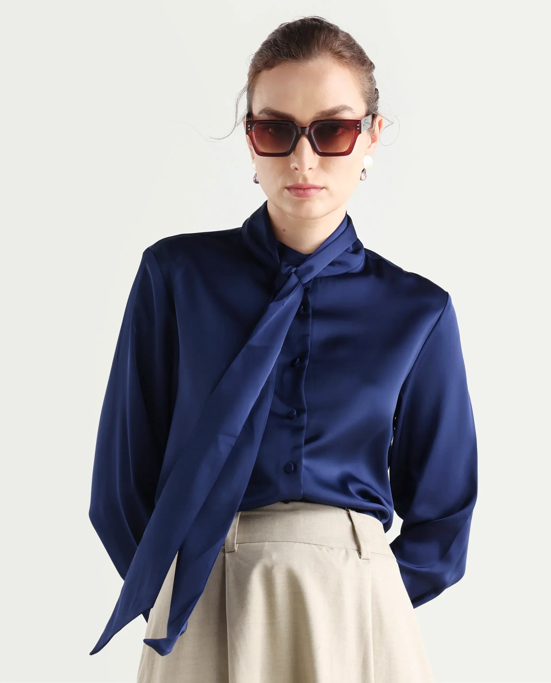 Rareism Women's Bingol Navy Cotton Mandarin Collar Plain Cuffed Sleeve Regular Fit Shirt