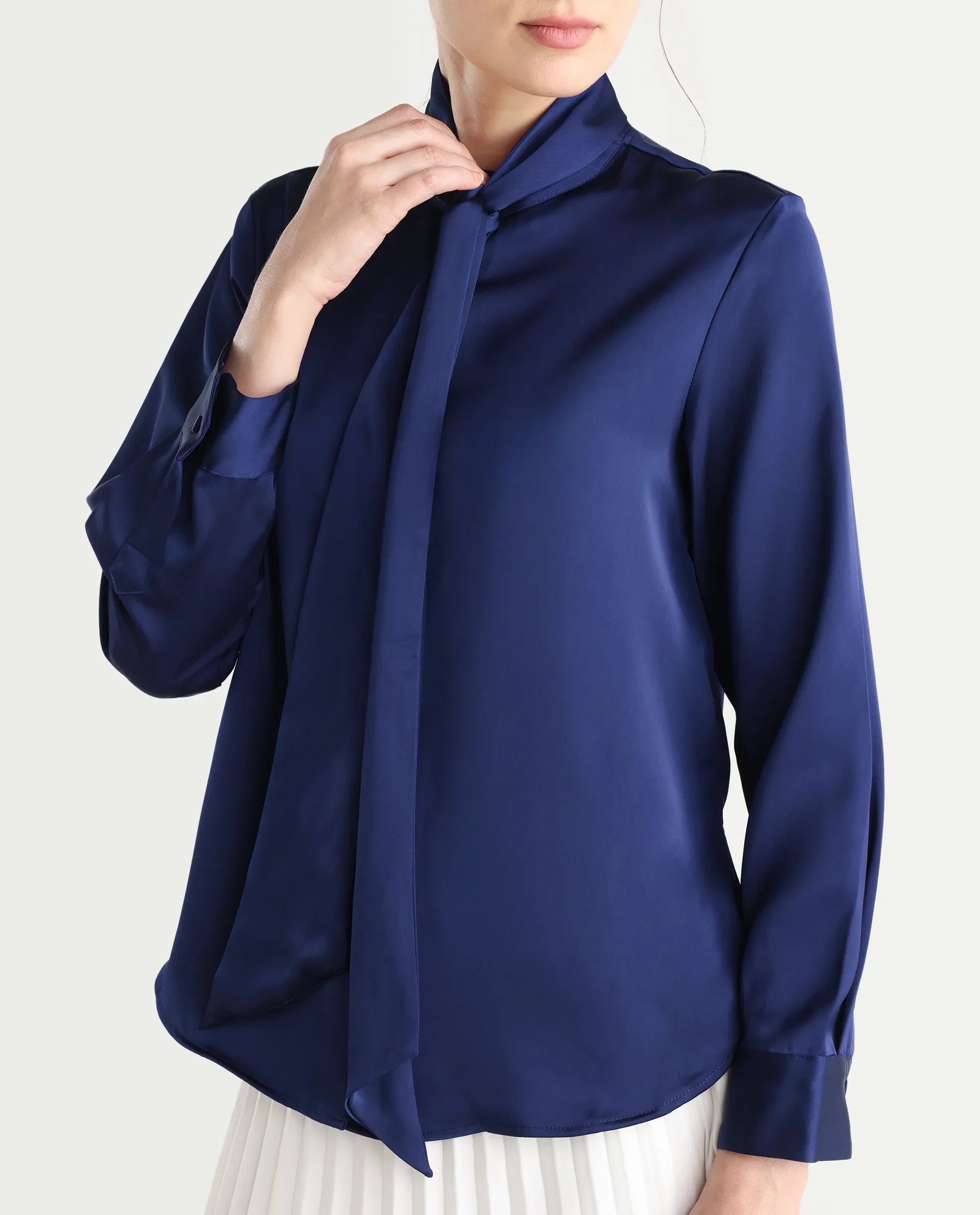 Rareism Women's Bingol Navy Cotton Mandarin Collar Plain Cuffed Sleeve Regular Fit Shirt