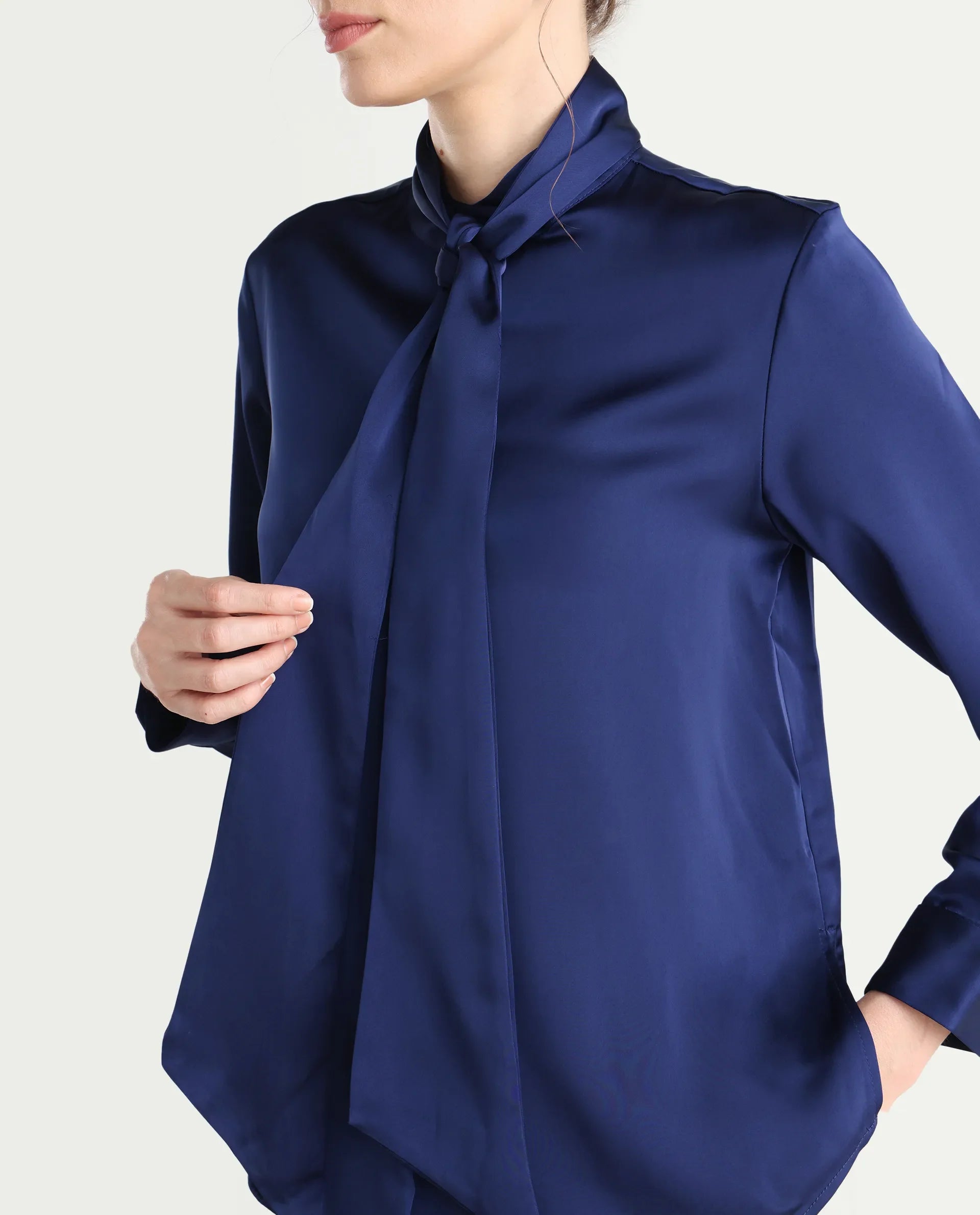 Rareism Women's Bingol Navy Cotton Mandarin Collar Plain Cuffed Sleeve Regular Fit Shirt