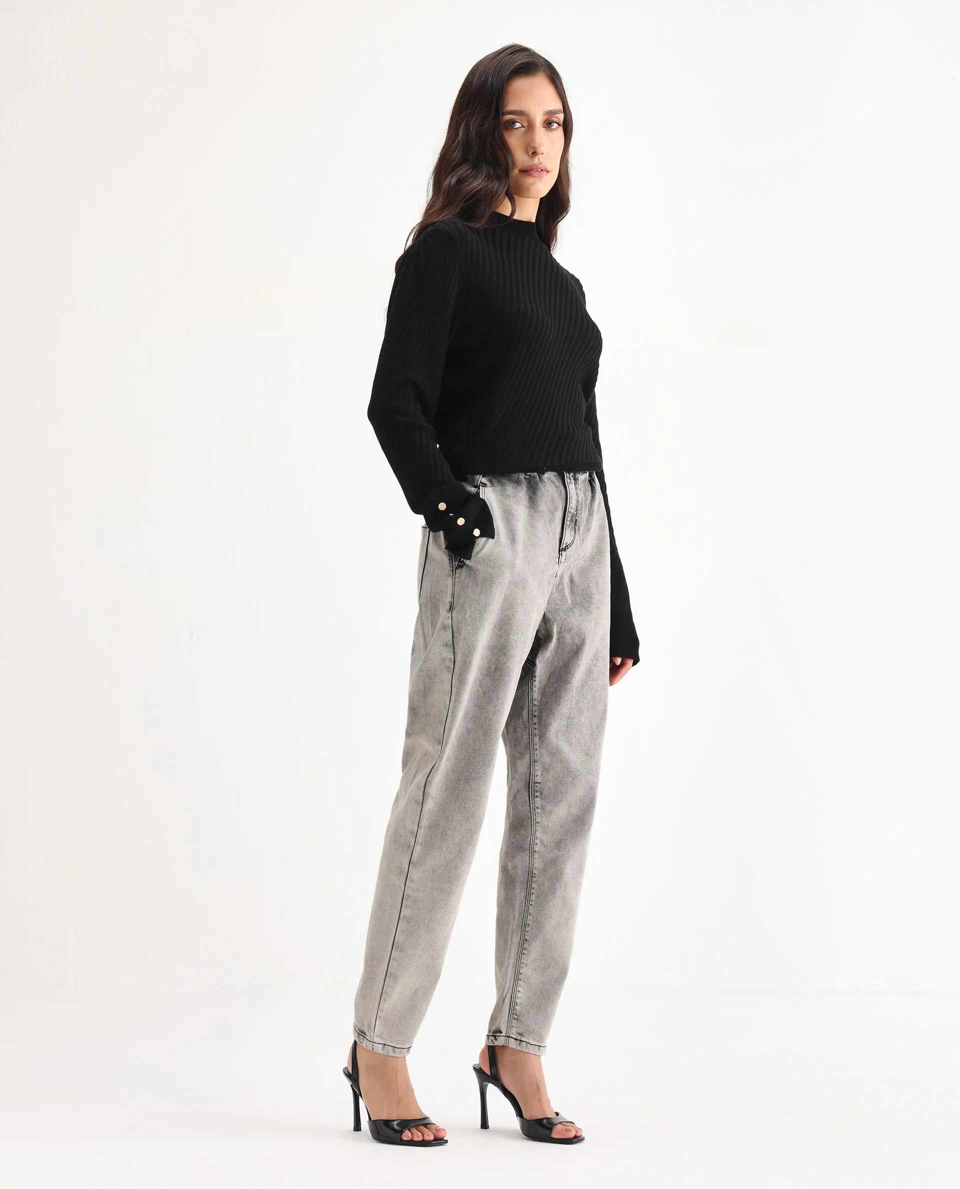 Rareism Women's Birdwing Black Cotton Blend Plain Ankle Length Tailored Jeans