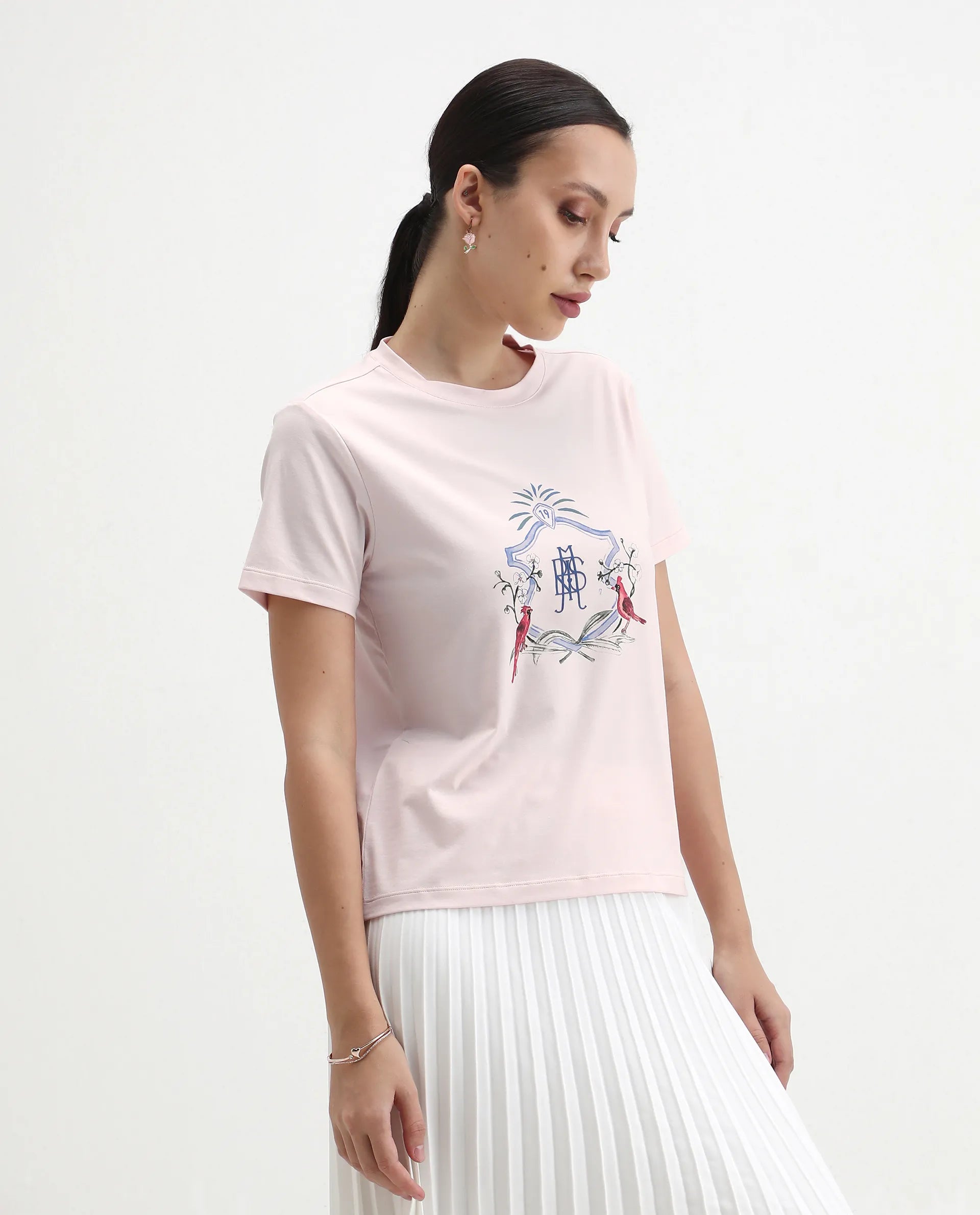 Rareism Women's Birk Light Pink Cotton Blend Crew Neck Regular Fit T-Shirt