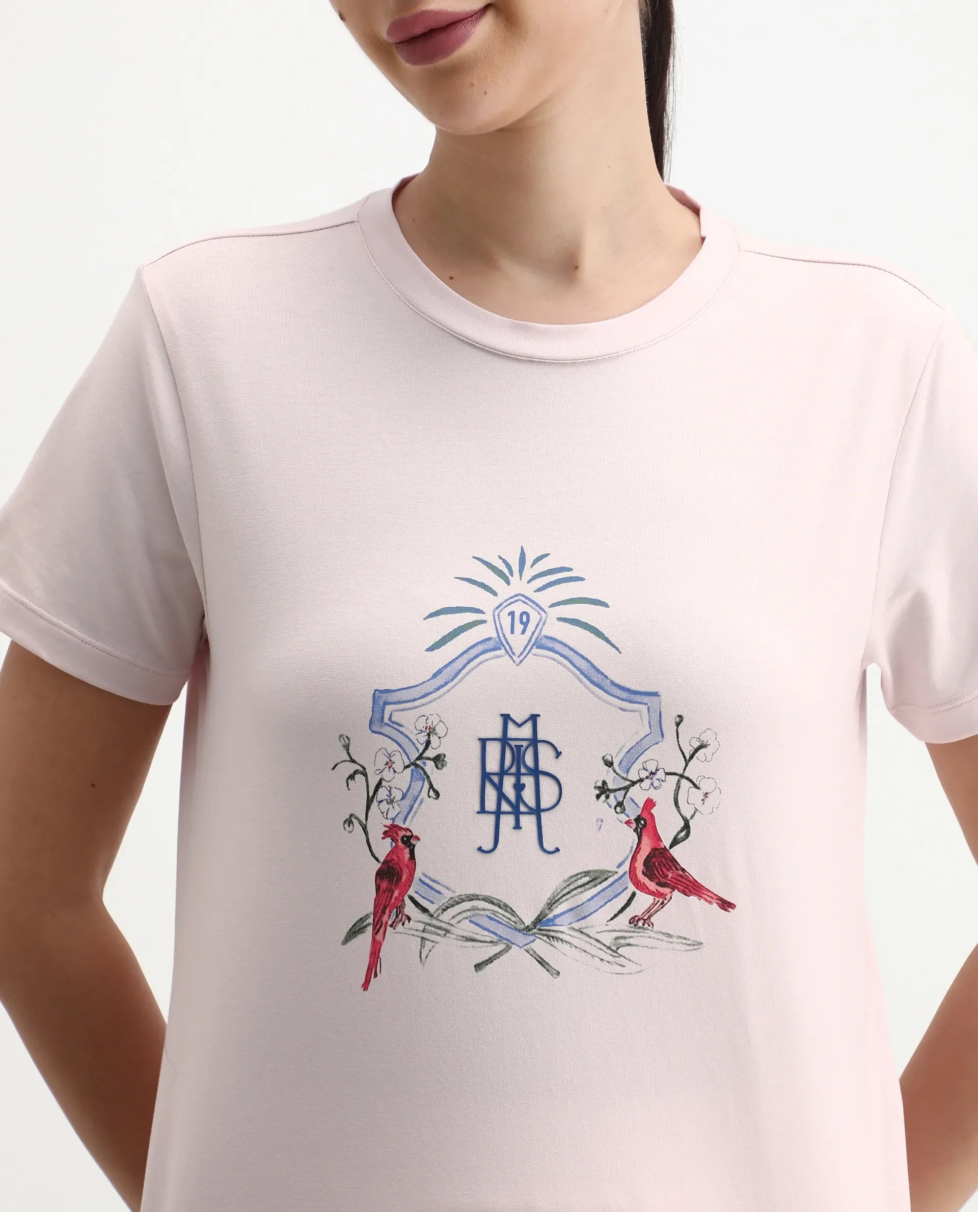 Rareism Women's Birk Light Pink Cotton Blend Crew Neck Regular Fit T-Shirt