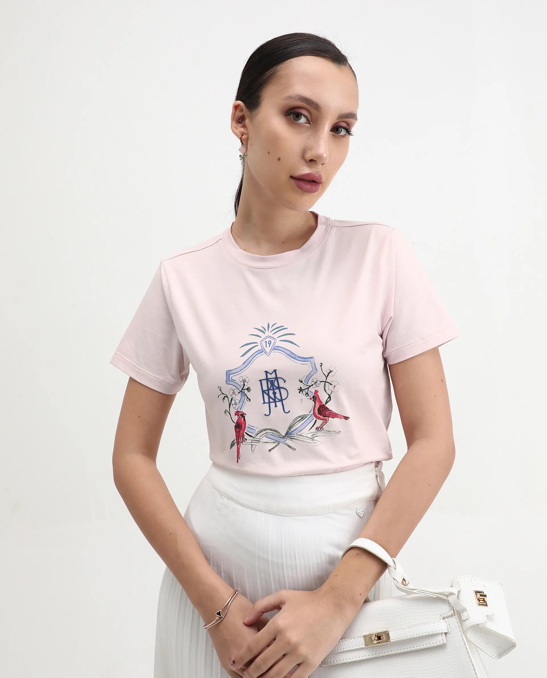 Rareism Women's Birk Light Pink Cotton Blend Crew Neck Regular Fit T-Shirt