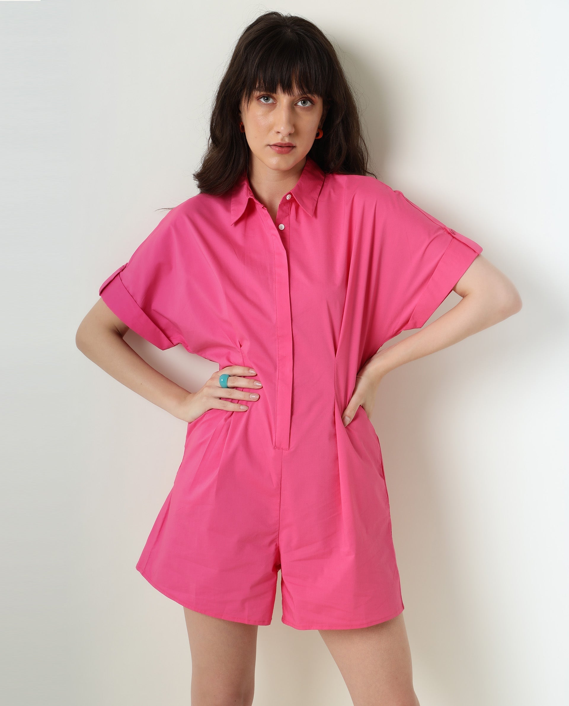 Rareism Womens Bitsy Pink Playsuit Cotton Lycra Fabric Regular Fit Half Sleeve Collared Neck