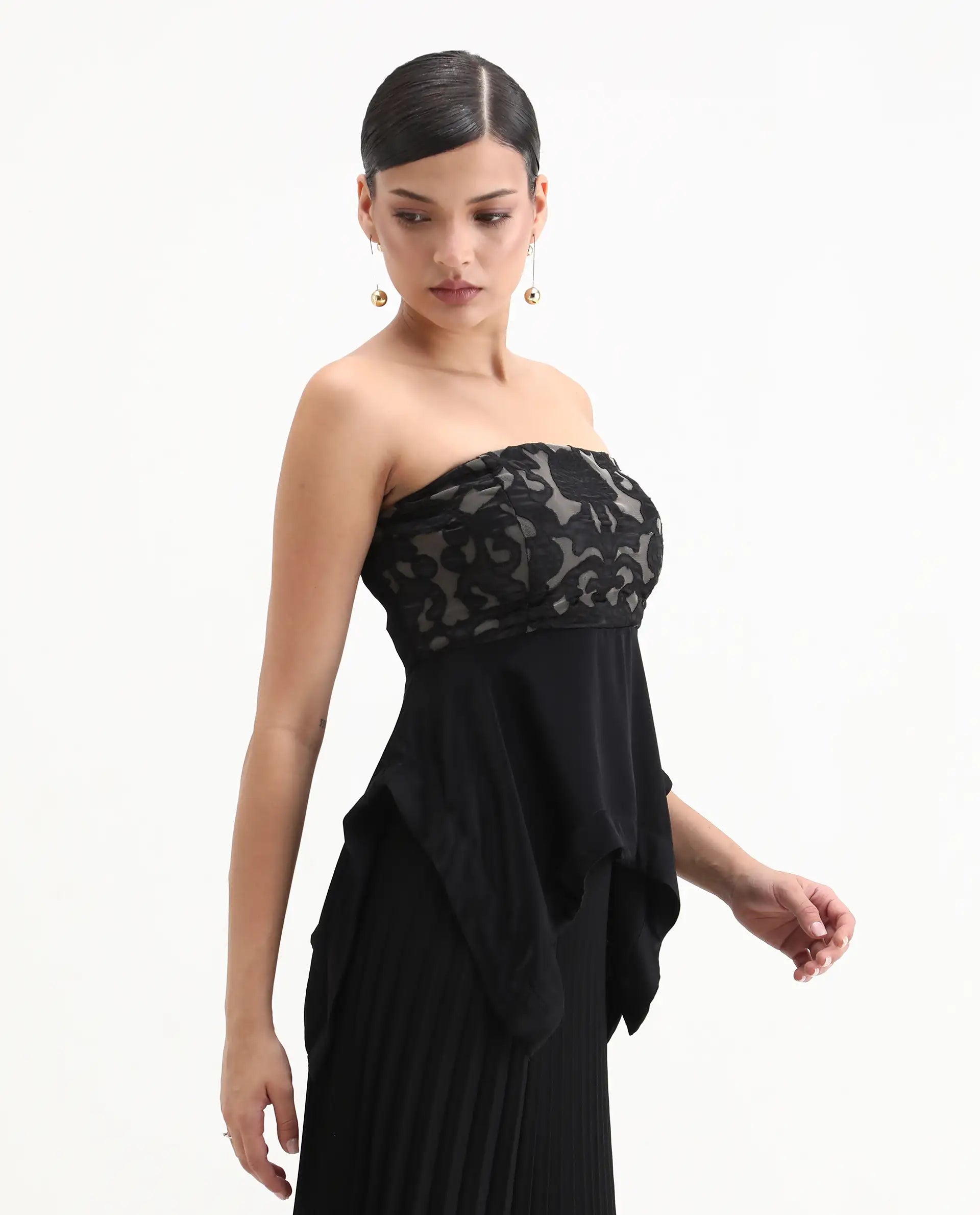 Rareism Women's Bizfer Black Satin Tube Neck Plain Sleeveless Regular Fit And Flare Top