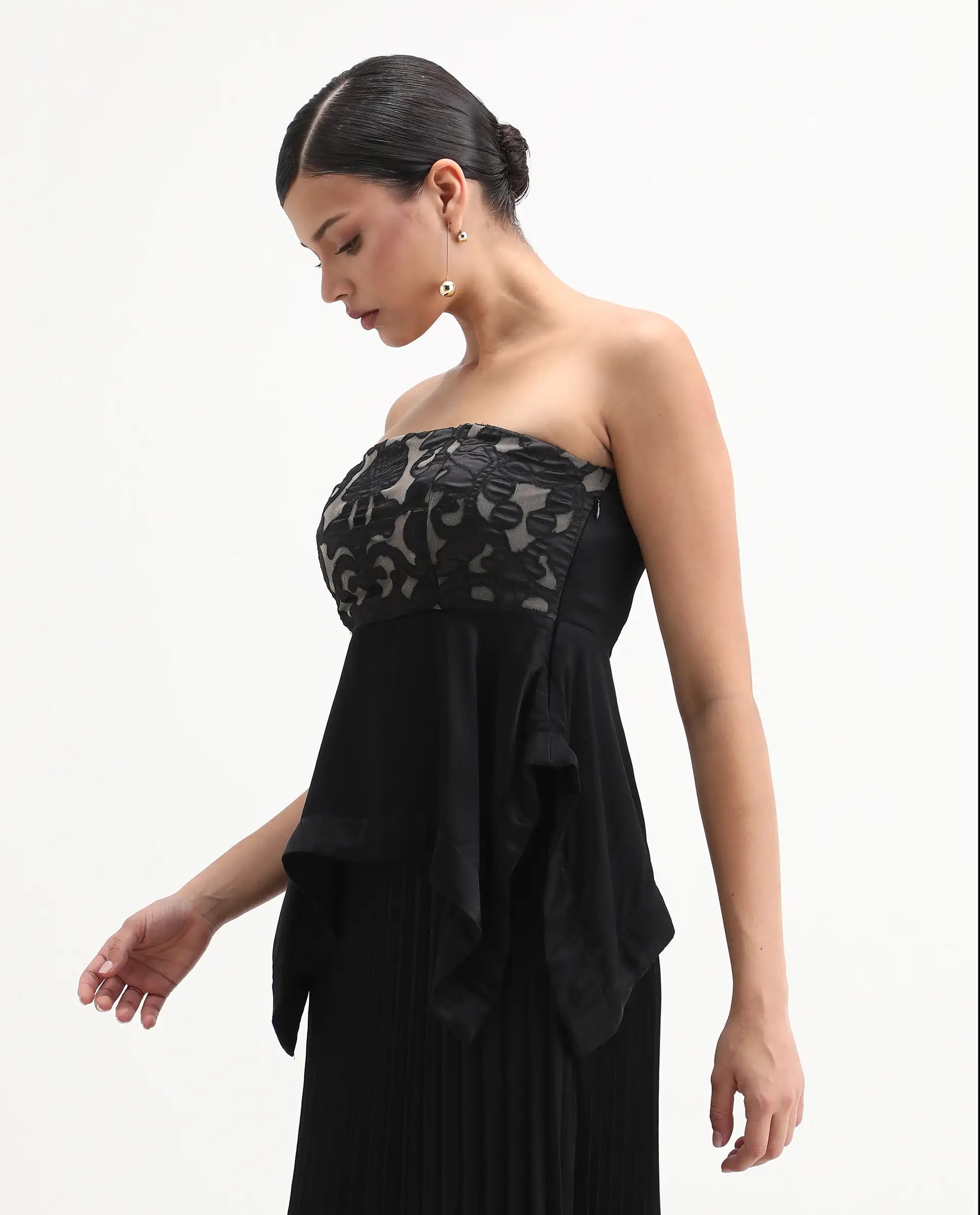 Rareism Women's Bizfer Black Satin Tube Neck Plain Sleeveless Regular Fit And Flare Top