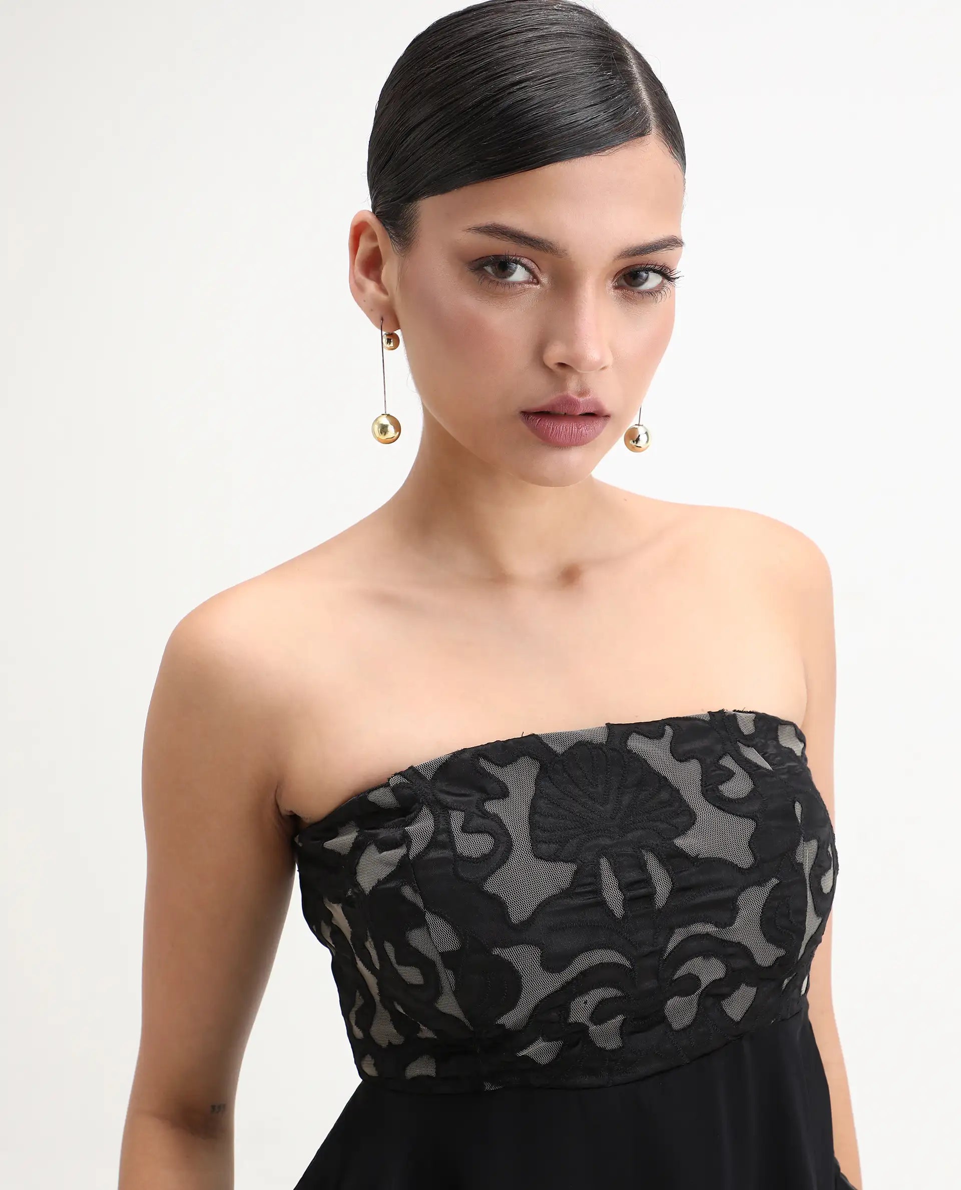 Rareism Women's Bizfer Black Satin Tube Neck Plain Sleeveless Regular Fit And Flare Top