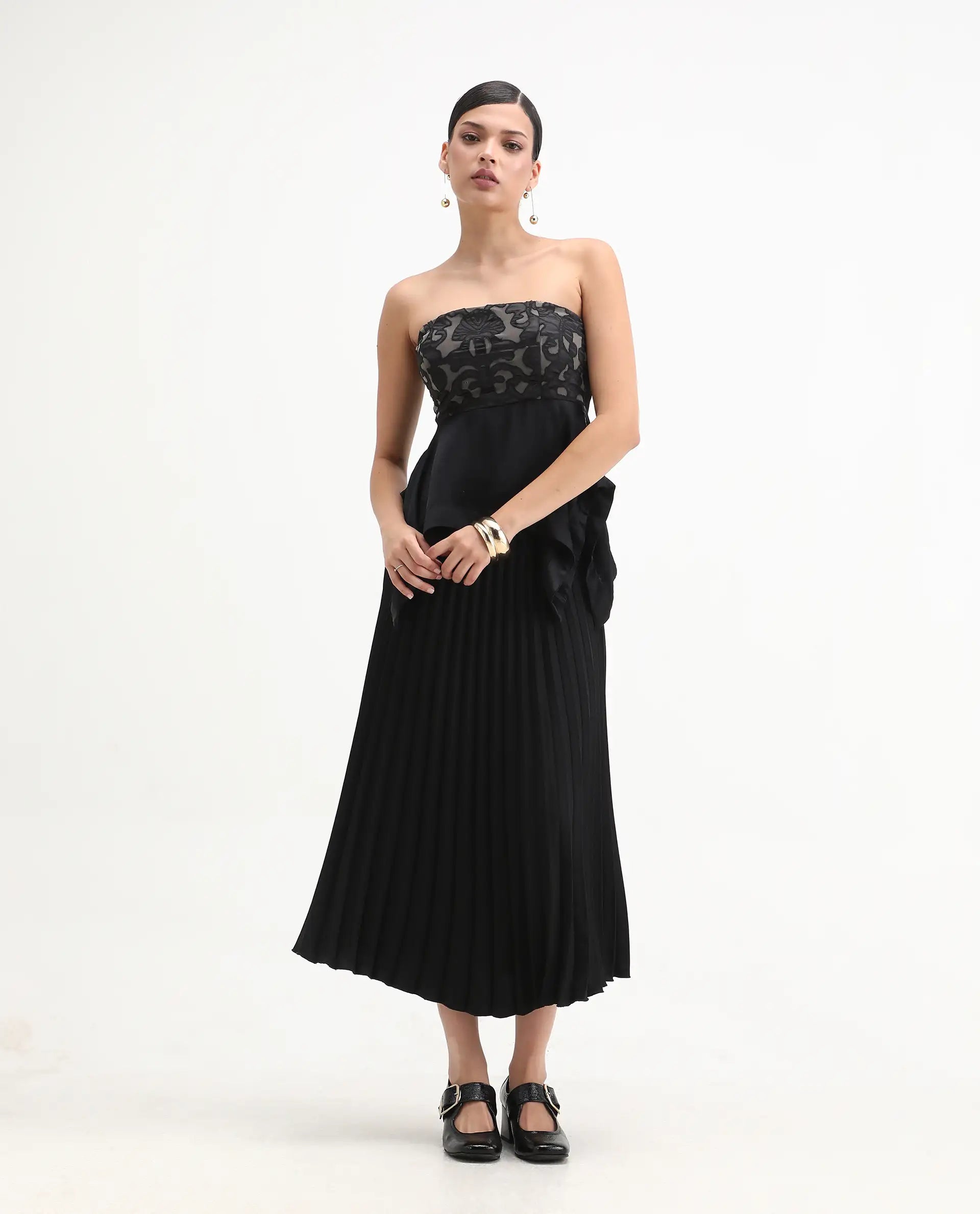 Rareism Women's Bizfer Black Satin Tube Neck Plain Sleeveless Regular Fit And Flare Top