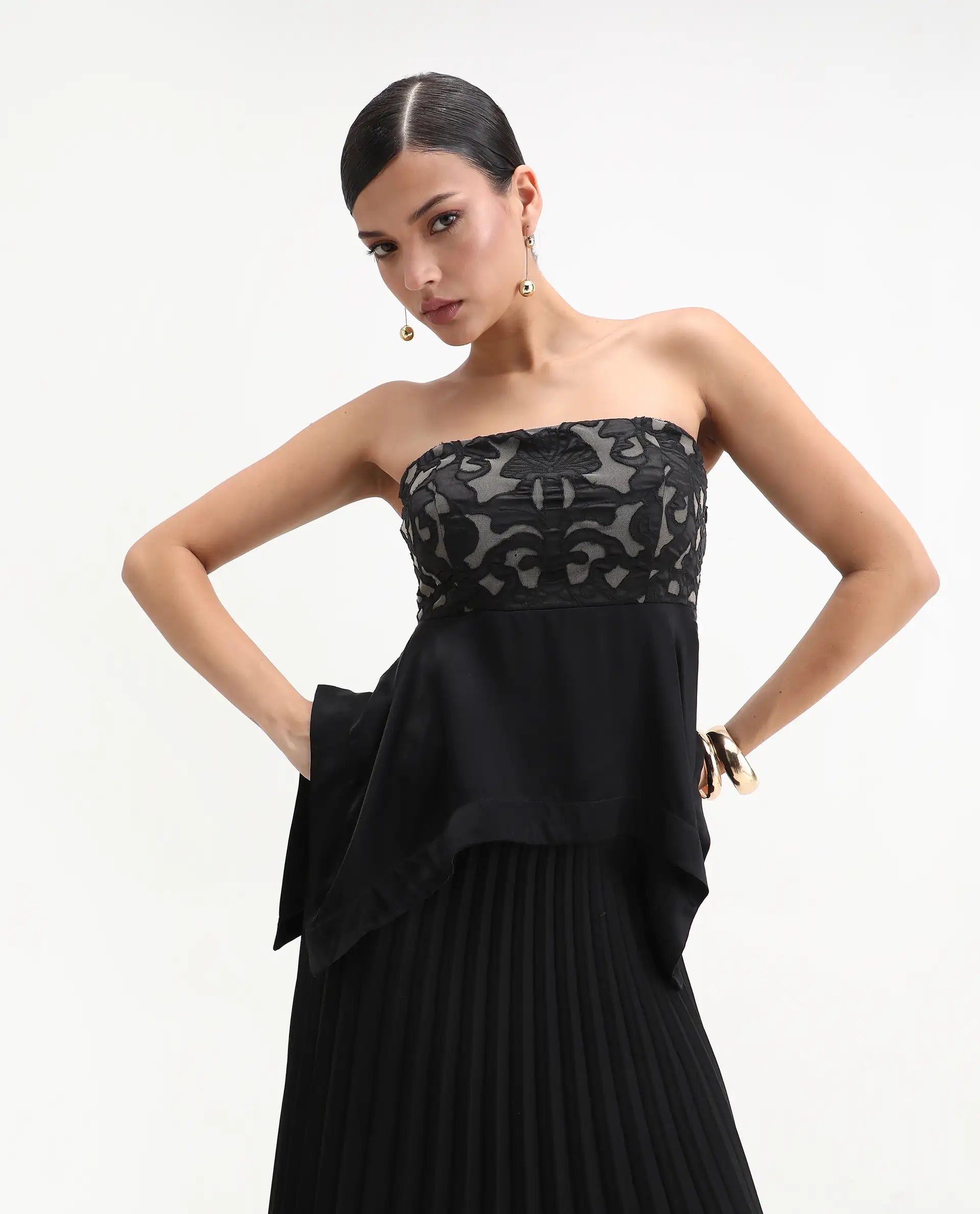 Rareism Women's Bizfer Black Satin Tube Neck Plain Sleeveless Regular Fit And Flare Top