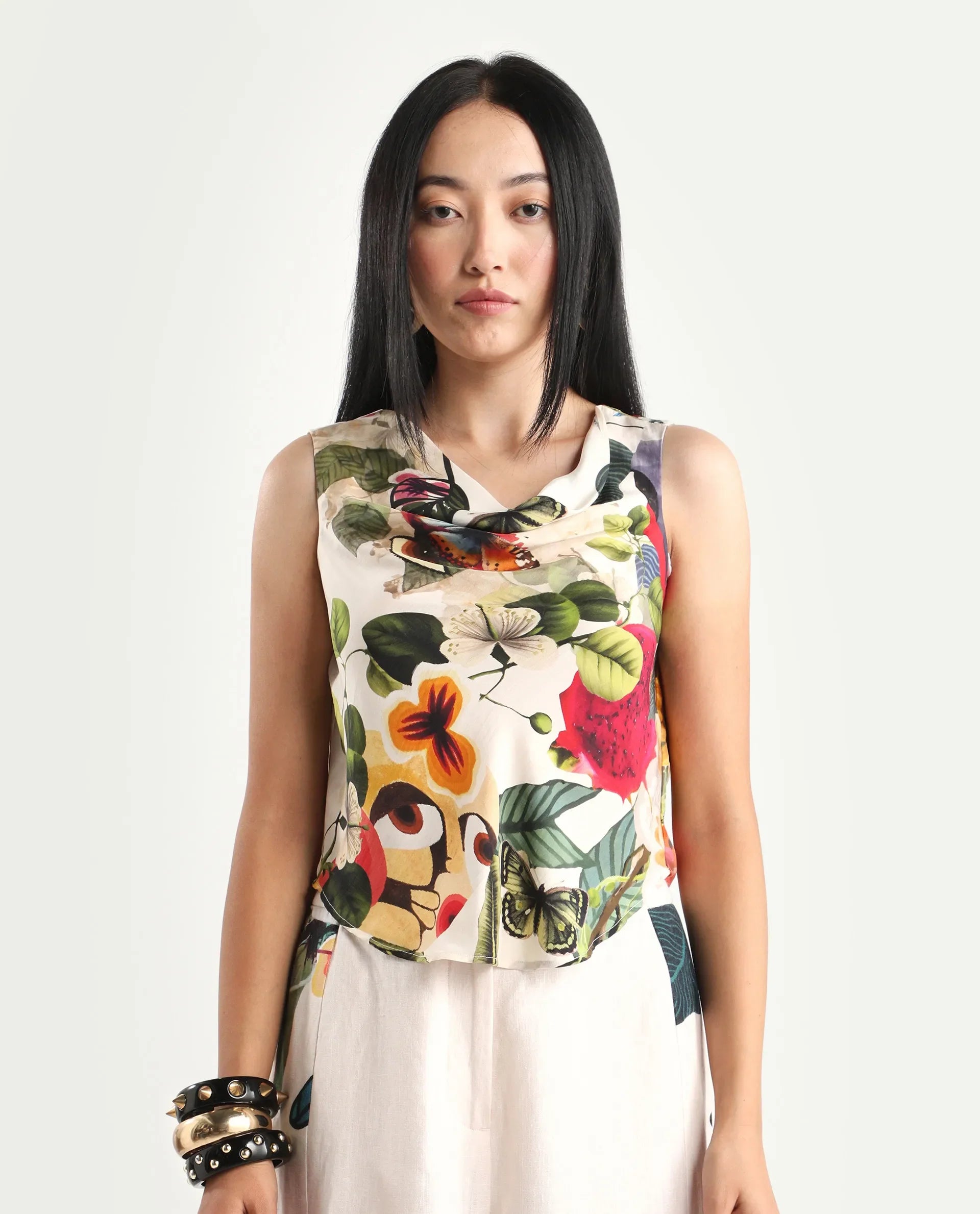 Rareism Women's Bizmar Off White Silk Sleeveless Regular Fit Abstract Print Top