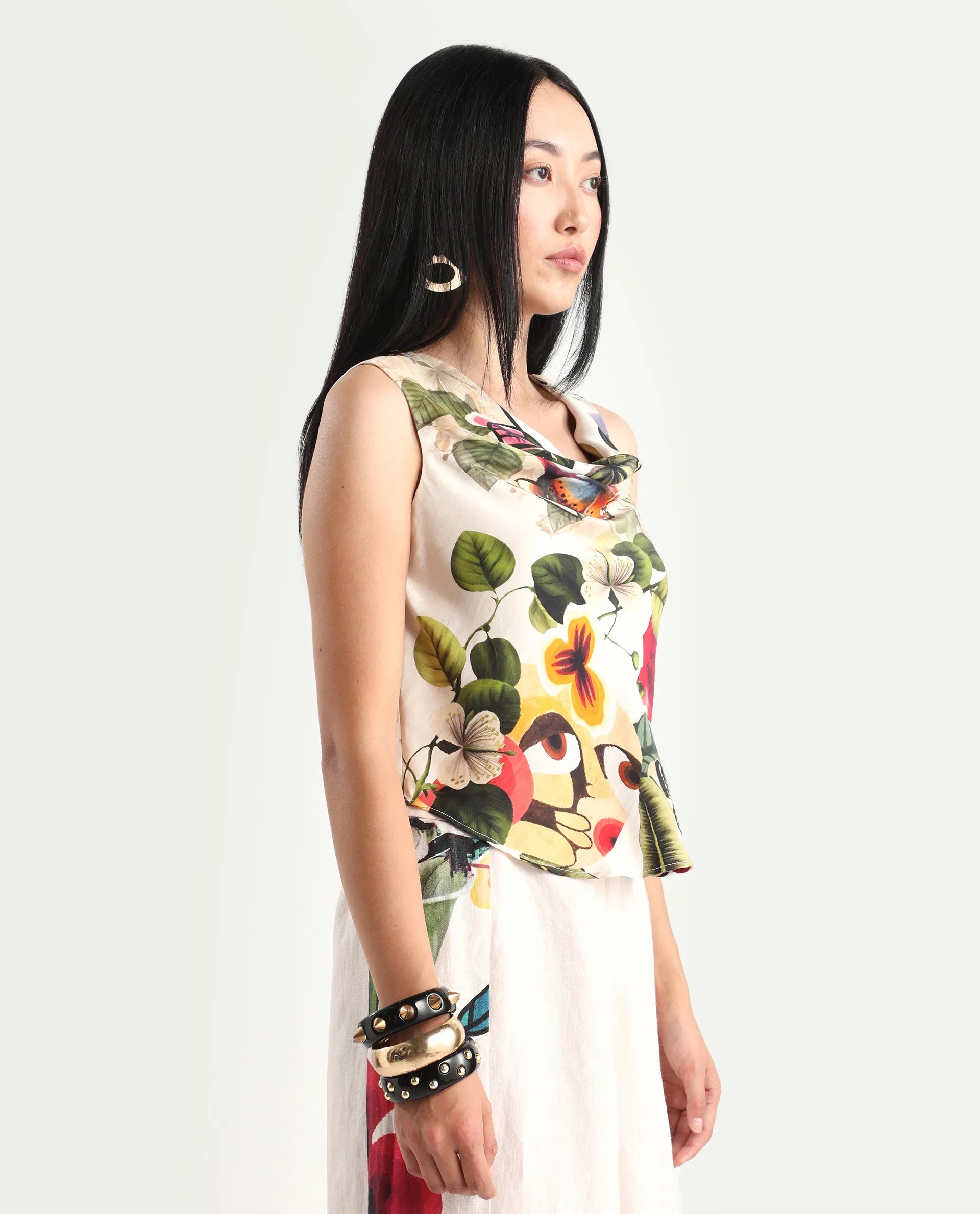 Rareism Women's Bizmar Off White Silk Sleeveless Regular Fit Abstract Print Top