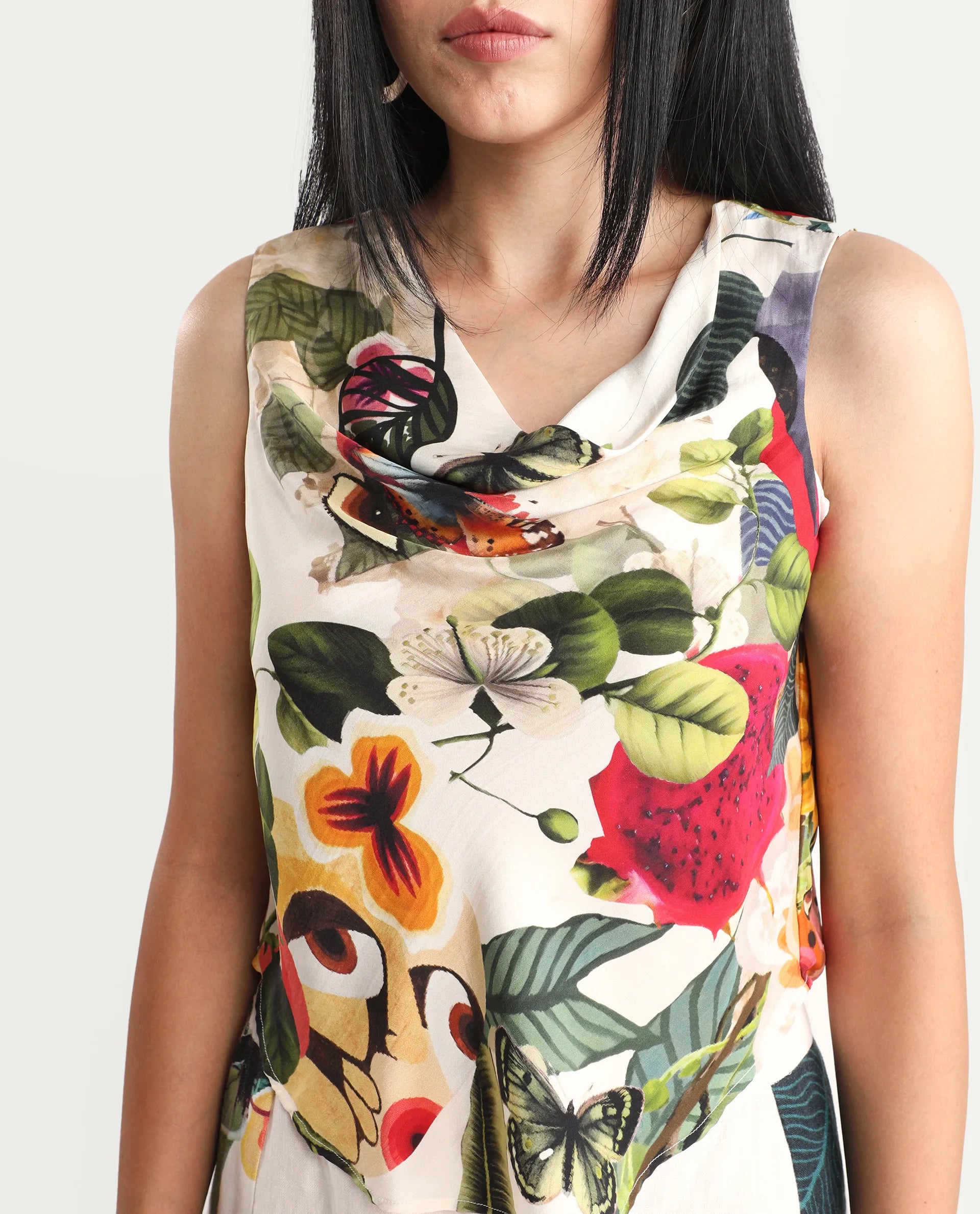 Rareism Women's Bizmar Off White Silk Sleeveless Regular Fit Abstract Print Top