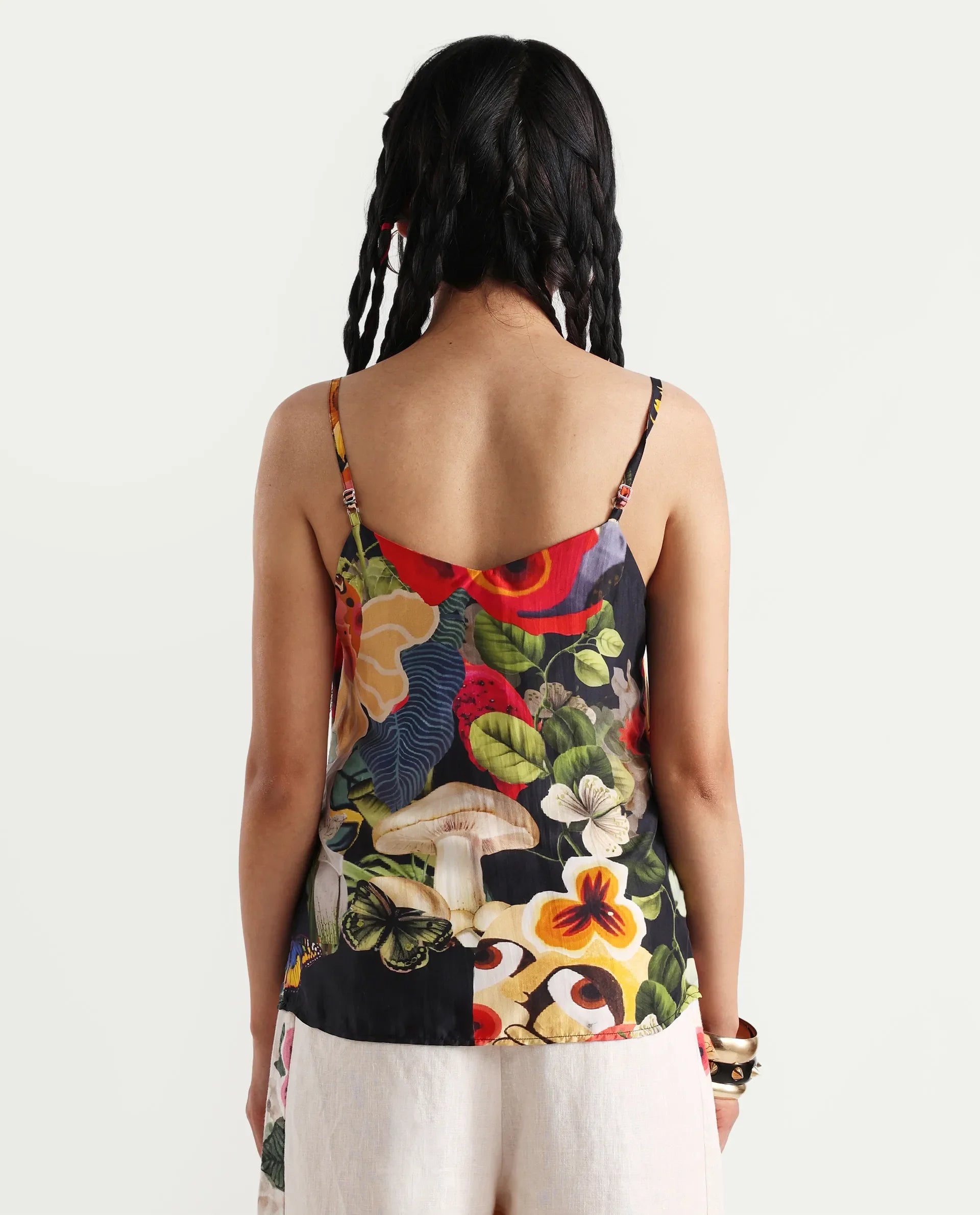 Rareism Women's Bizu-T Black Silk Sleeveless Regular Fit Abstract Print Top