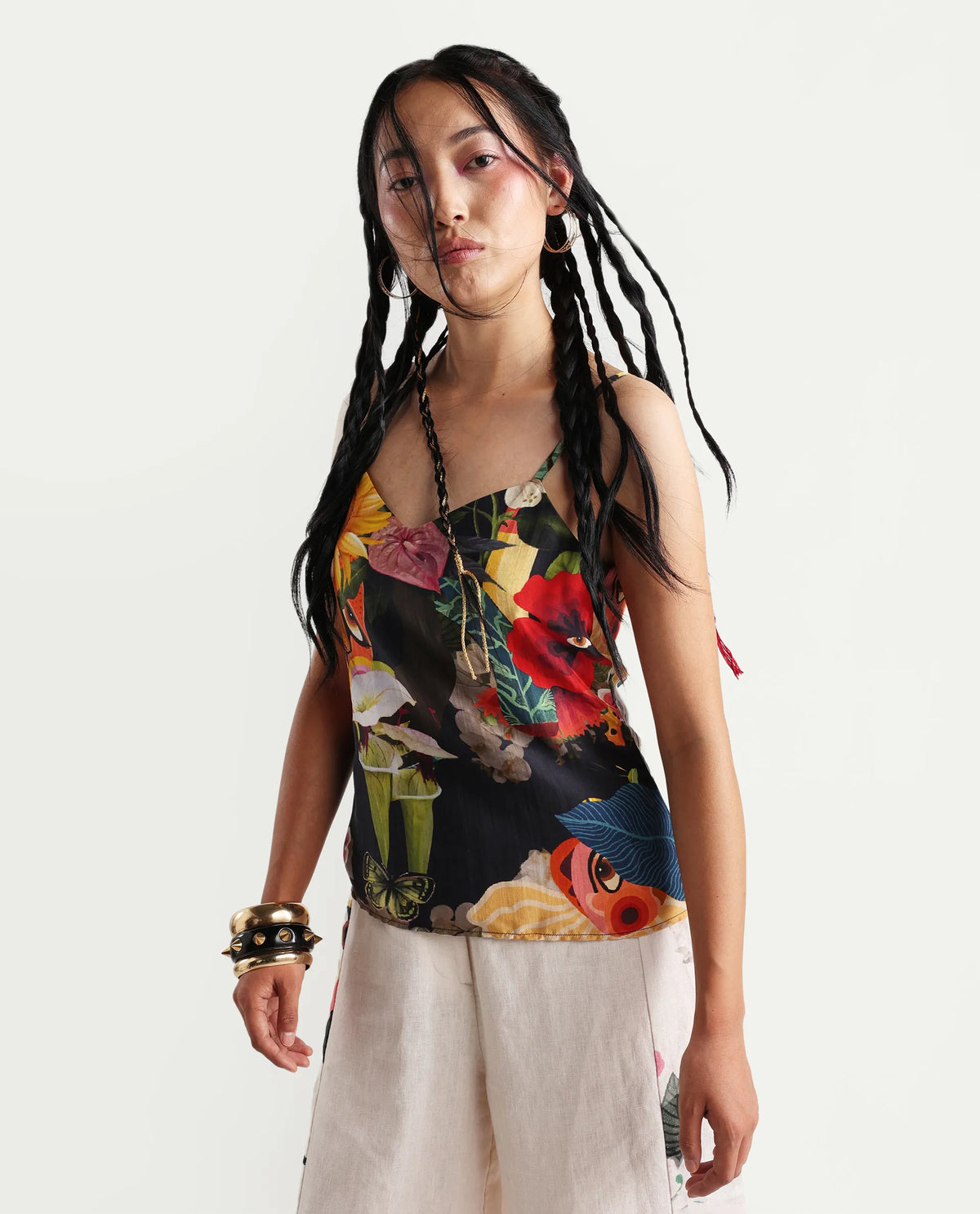 Rareism Women's Bizu-T Black Silk Sleeveless Regular Fit Abstract Print Top