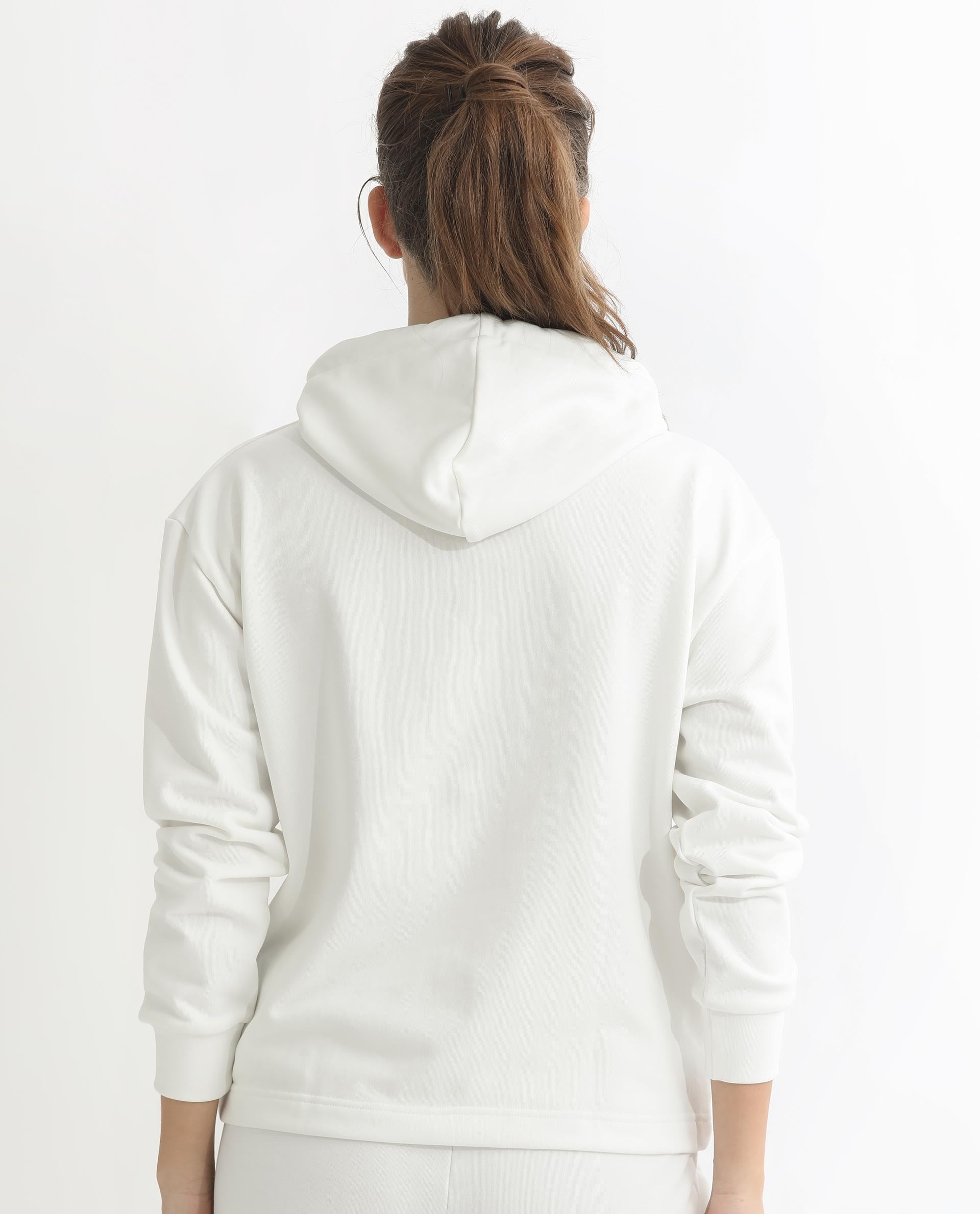 Rareism Women Blacher Off White Poly Cotton Fabric Regular Fit Full Sleeves Graphic Print Hooded Sweatshirt