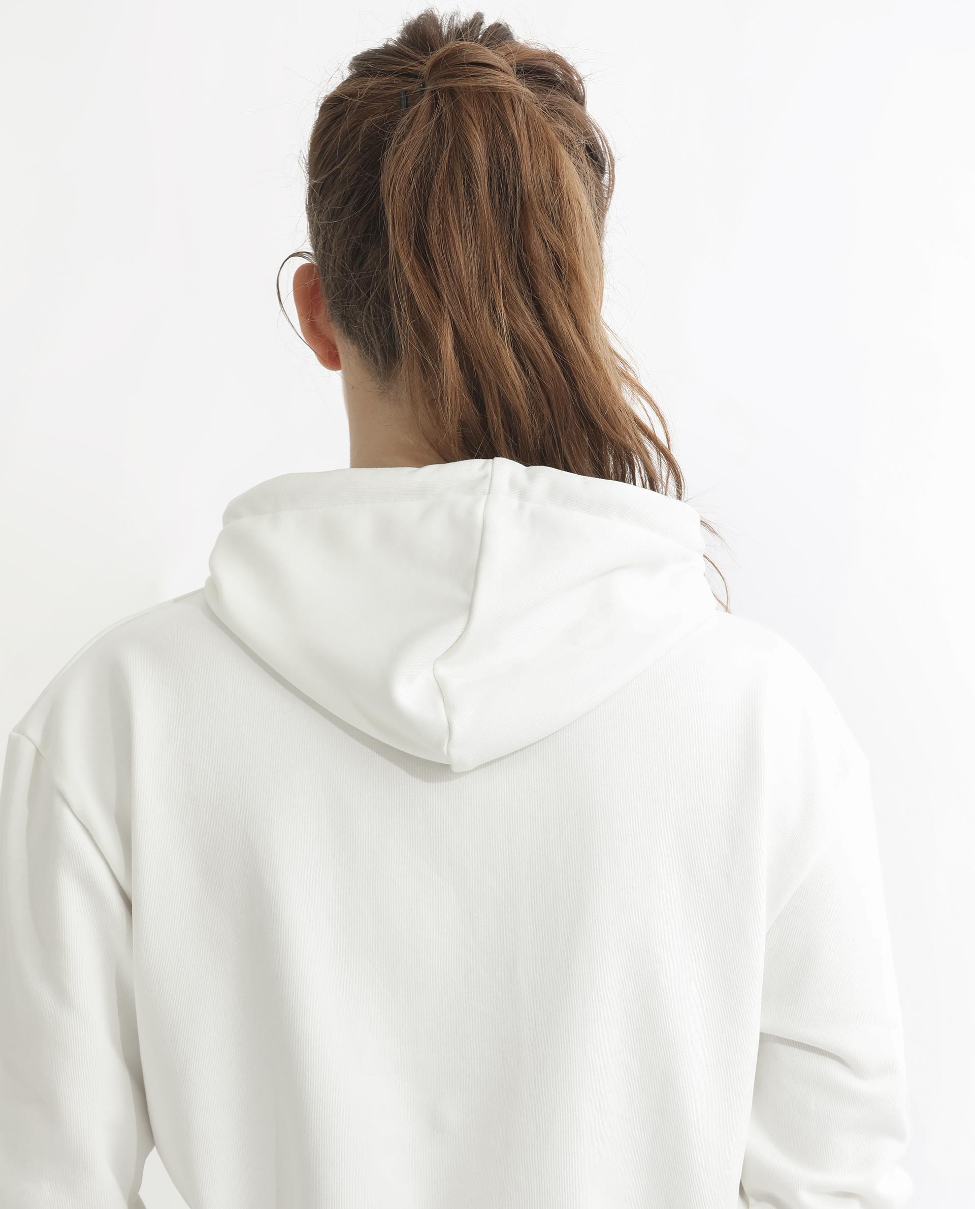 Rareism Women Blacher Off White Poly Cotton Fabric Regular Fit Full Sleeves Graphic Print Hooded Sweatshirt