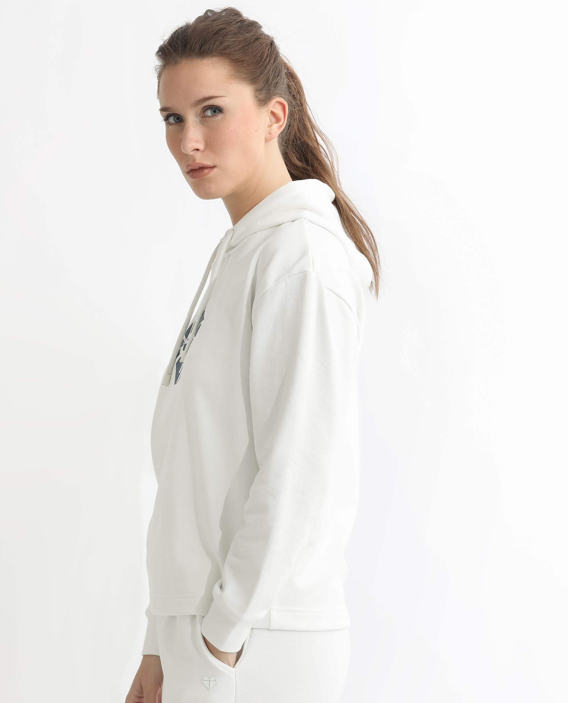 Rareism Women's Blacher Off White Polyester Blend Hooded Graphic Print Regular Fit Sweatshirt