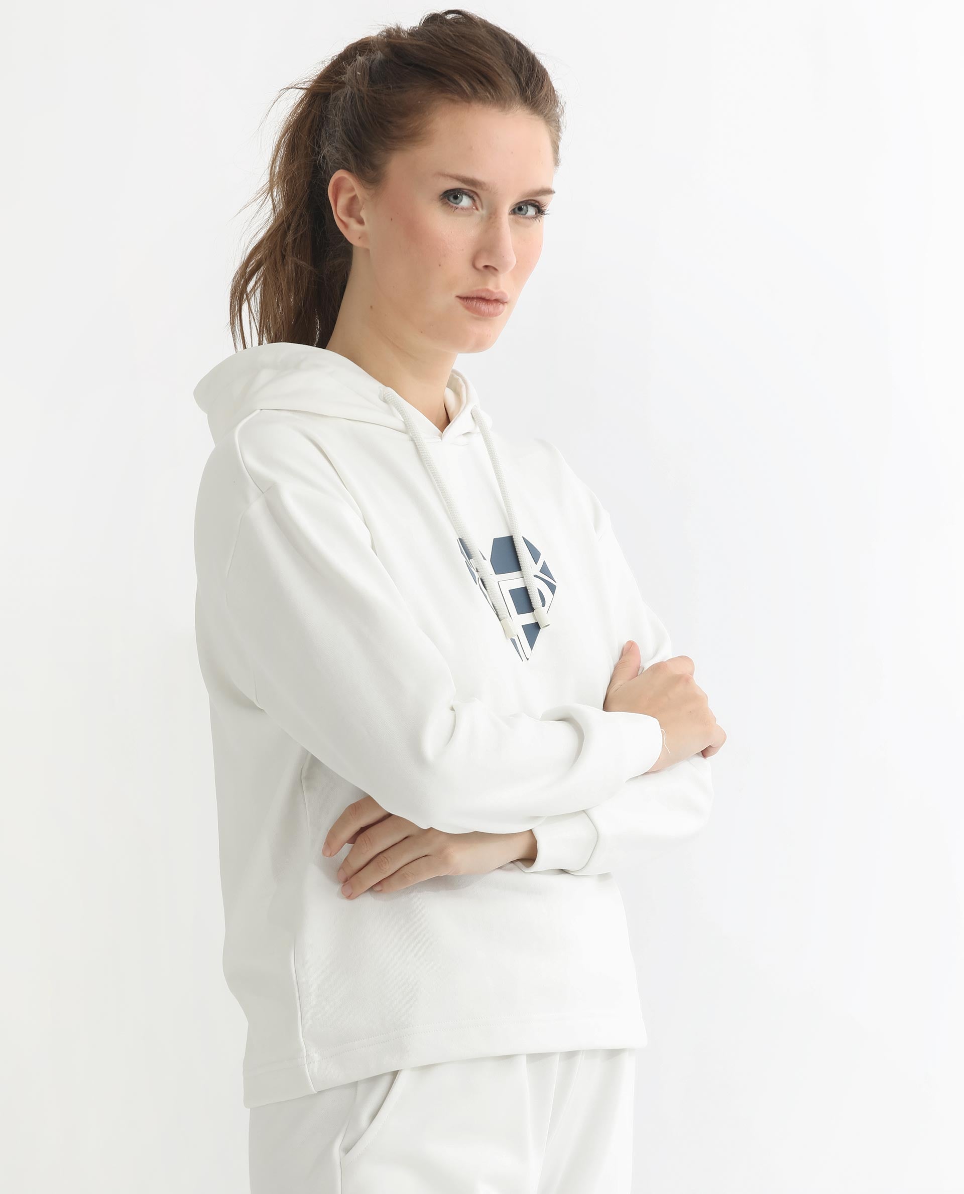 Rareism Women's Blacher Off White Polyester Blend Hooded Graphic Print Regular Fit Sweatshirt