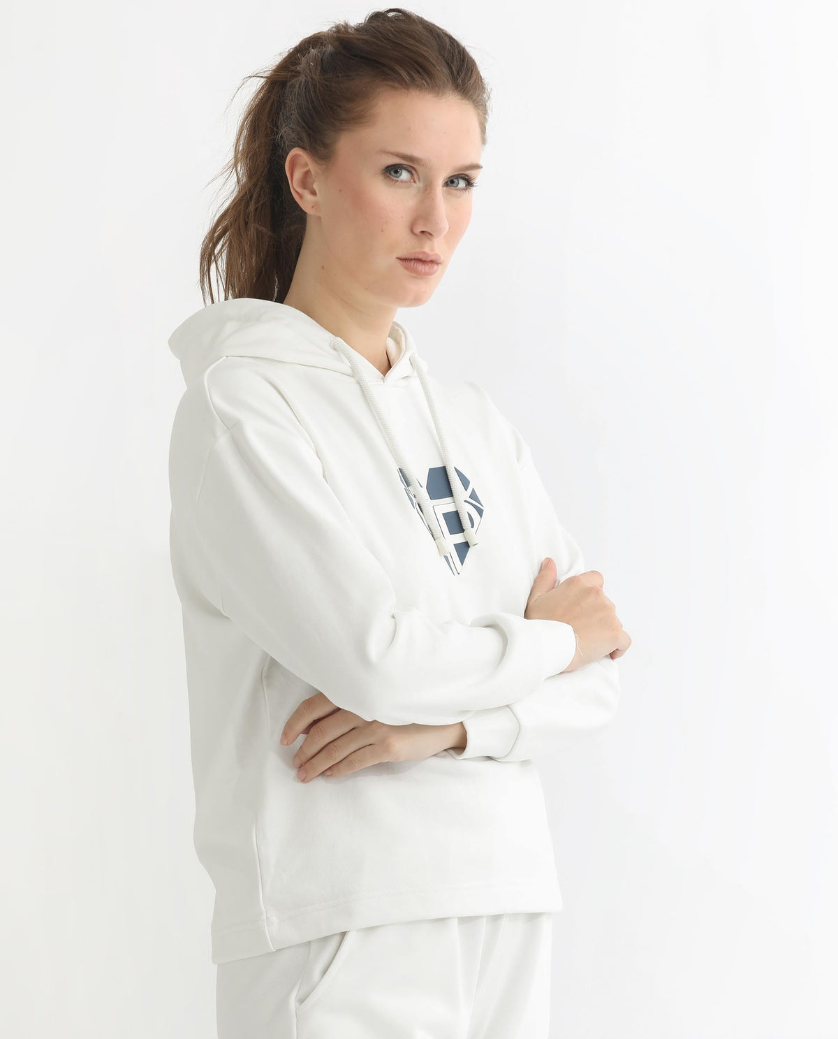 Rareism Women Blacher Off White Poly Cotton Fabric Regular Fit Full Sleeves Graphic Print Hooded Sweatshirt