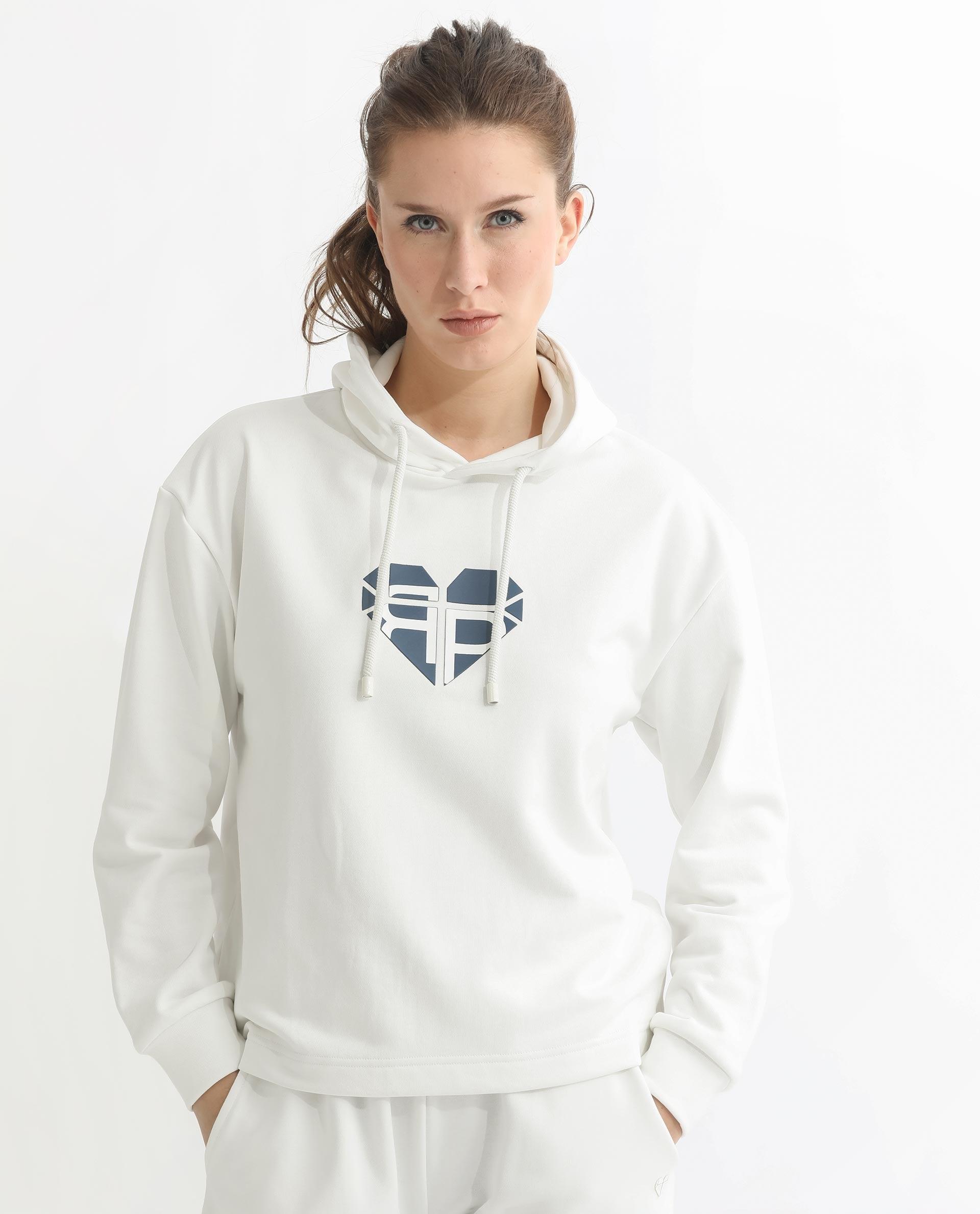 Rareism Women's Blacher Off White Polyester Blend Hooded Graphic Print Regular Fit Sweatshirt