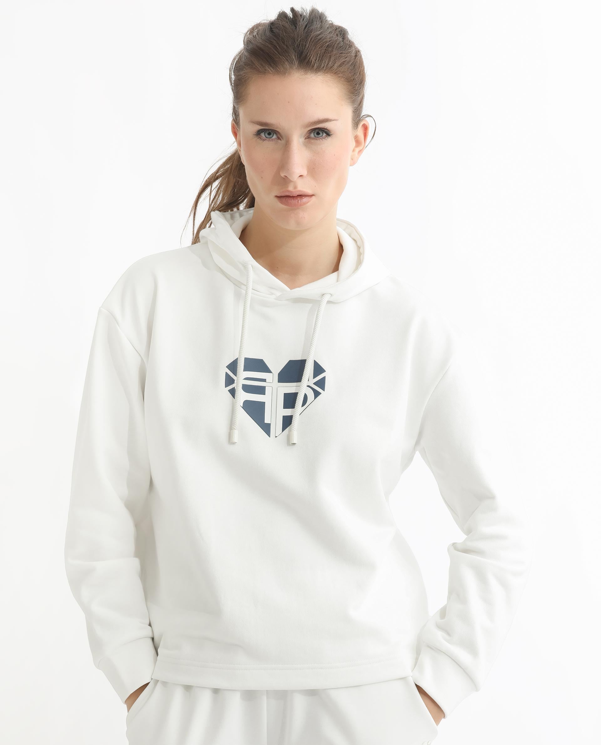 Rareism Women's Blacher Off White Polyester Blend Hooded Graphic Print Regular Fit Sweatshirt