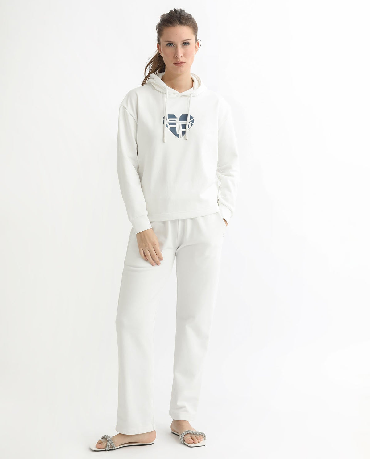 Rareism Women Blacher Off White Poly Cotton Fabric Regular Fit Full Sleeves Graphic Print Hooded Sweatshirt