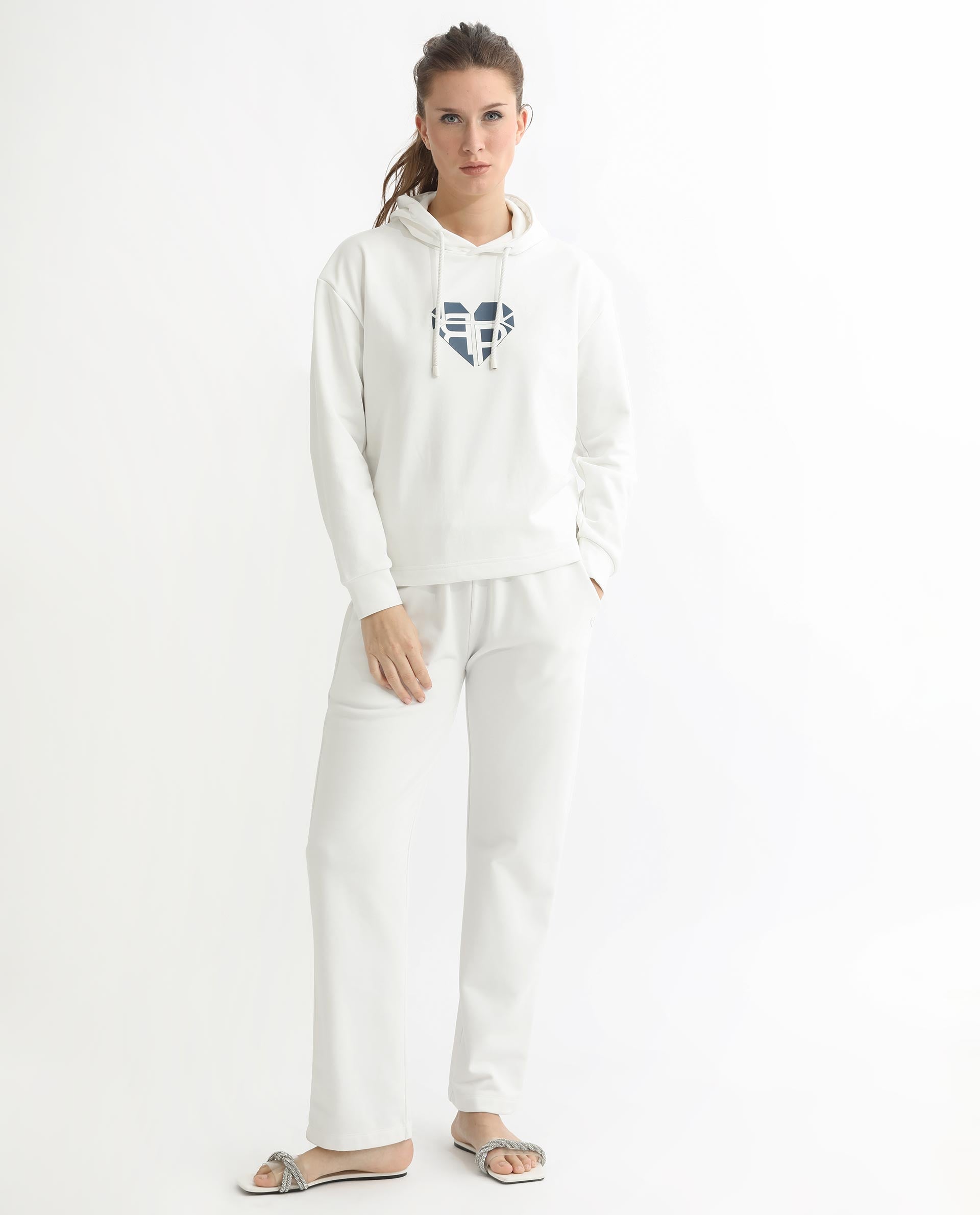 Rareism Women Blacher Off White Poly Cotton Fabric Regular Fit Full Sleeves Graphic Print Hooded Sweatshirt