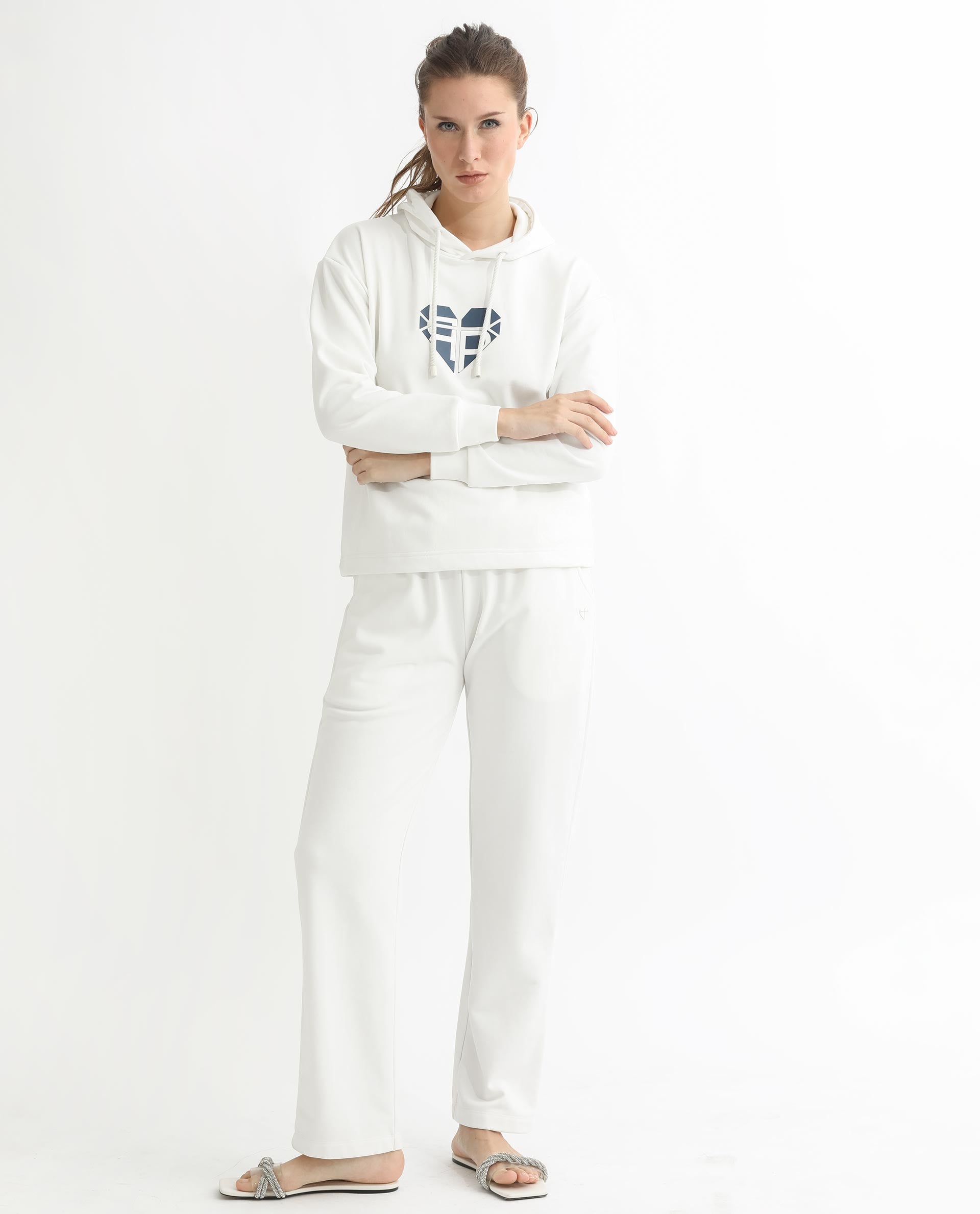 Rareism Women Blacher Off White Poly Cotton Fabric Regular Fit Full Sleeves Graphic Print Hooded Sweatshirt