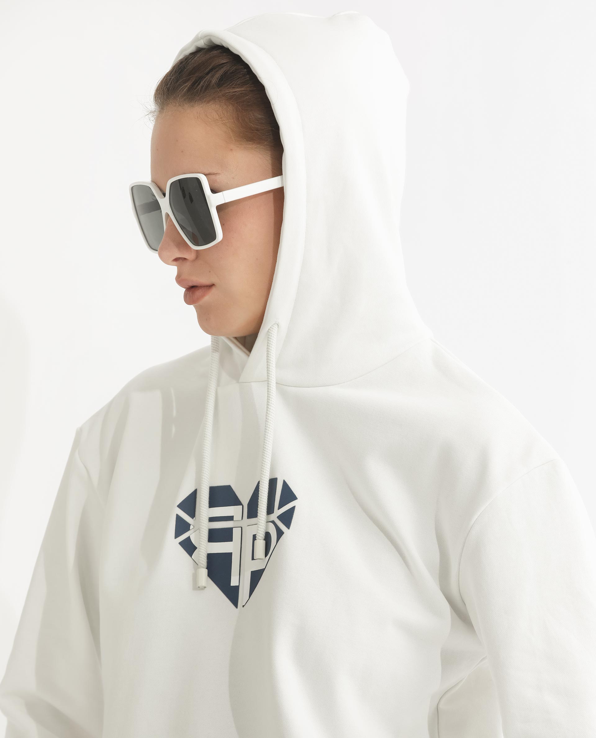 Rareism Women's Blacher Off White Polyester Blend Hooded Graphic Print Regular Fit Sweatshirt