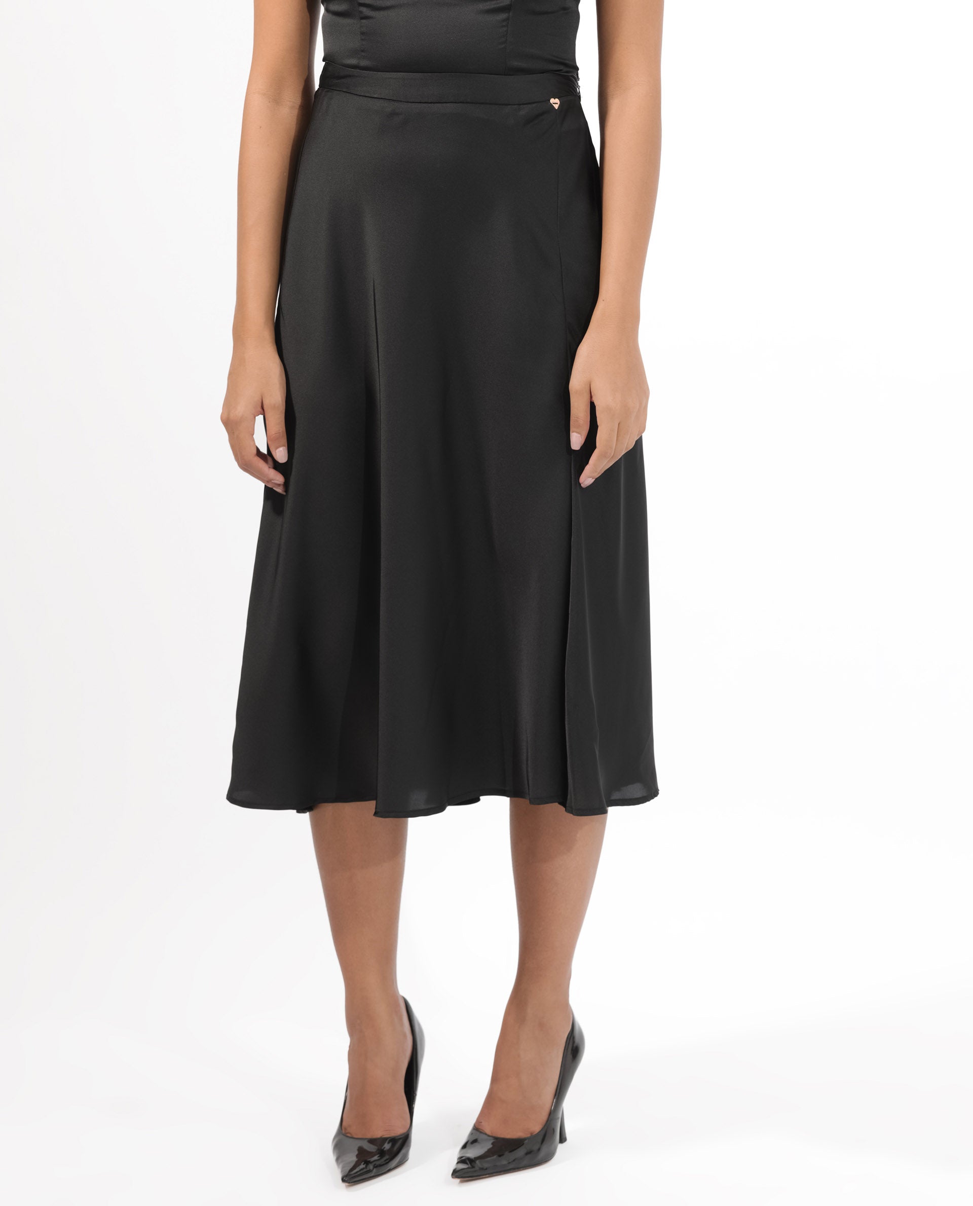 Rareism Women's Ailsa Black Polyester Plain Knee Length Regular Fit Skirt