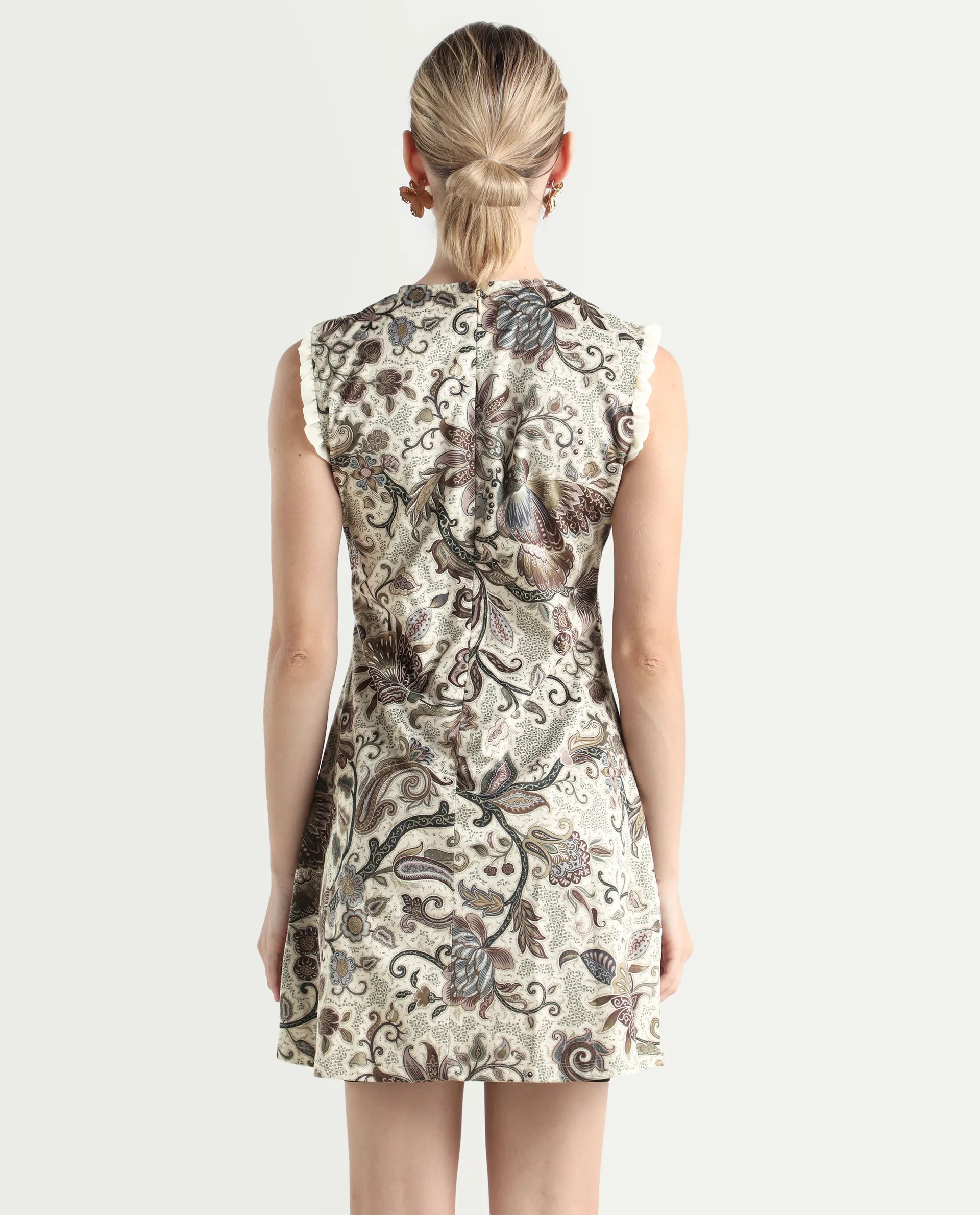 Rareism Women's Velvet Crew Neck Abstract Print Sleeveless Knee Length Fitted Dress