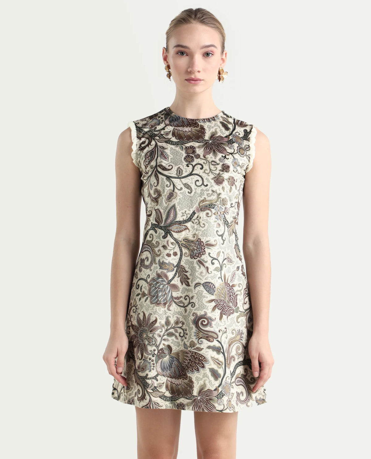 Rareism Women's Velvet Crew Neck Abstract Print Sleeveless Knee Length Fitted Dress