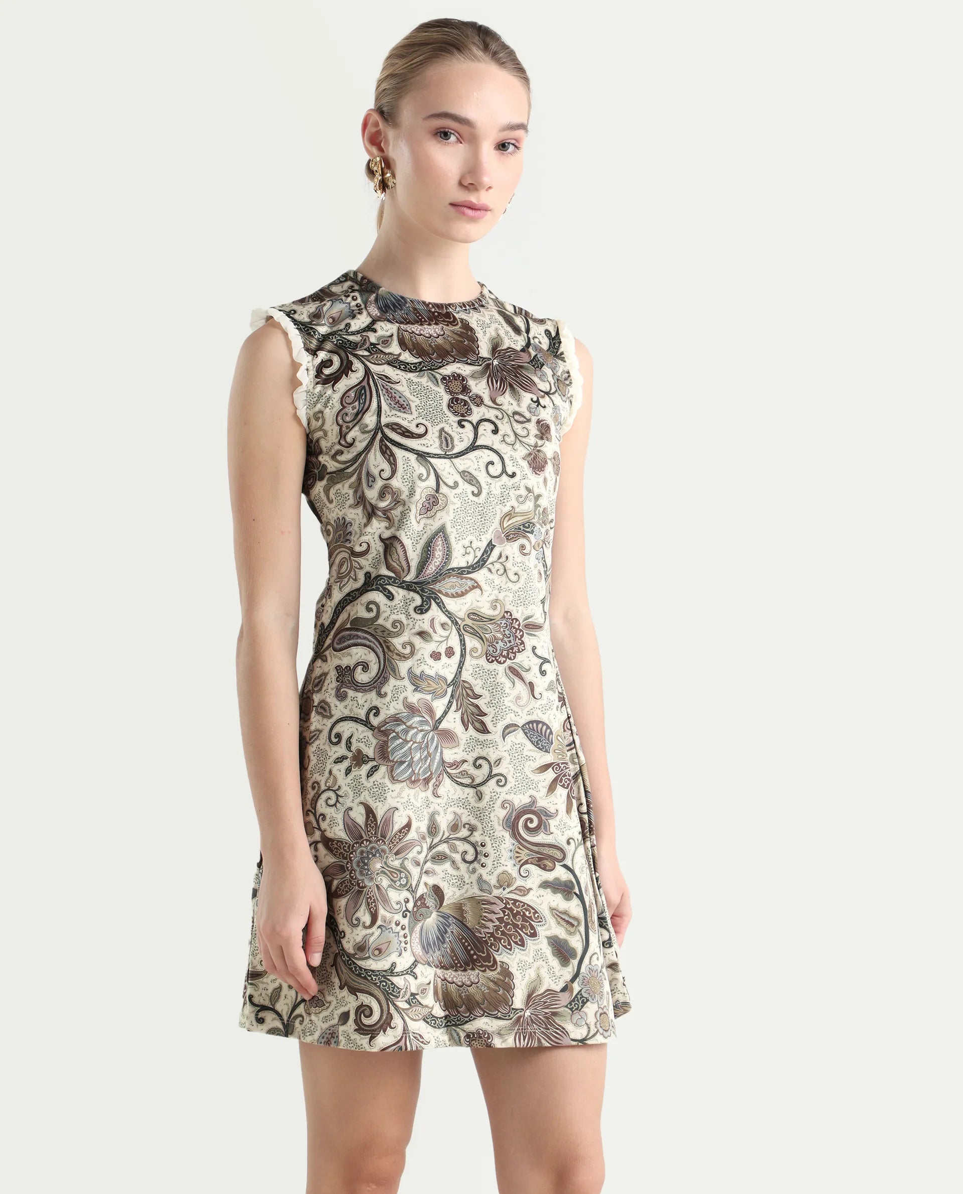 Rareism Women's Velvet Crew Neck Abstract Print Sleeveless Knee Length Fitted Dress