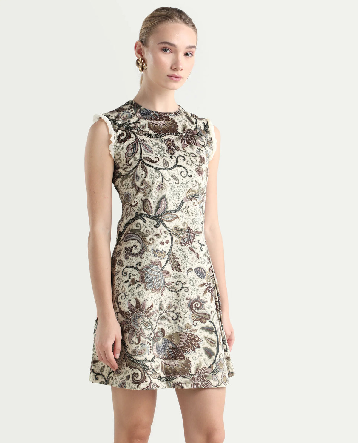 Rareism Women's Velvet Crew Neck Abstract Print Sleeveless Knee Length Fitted Dress