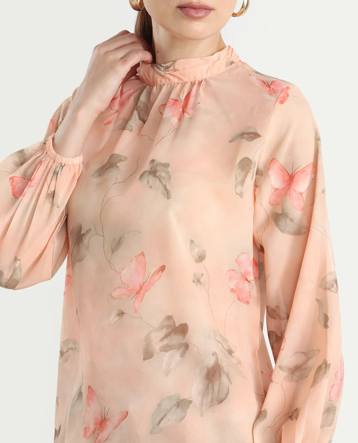 Rareism Women's Blois Multi Polyester High Neck Object Print Bishop Sleeve Regular Fit Top